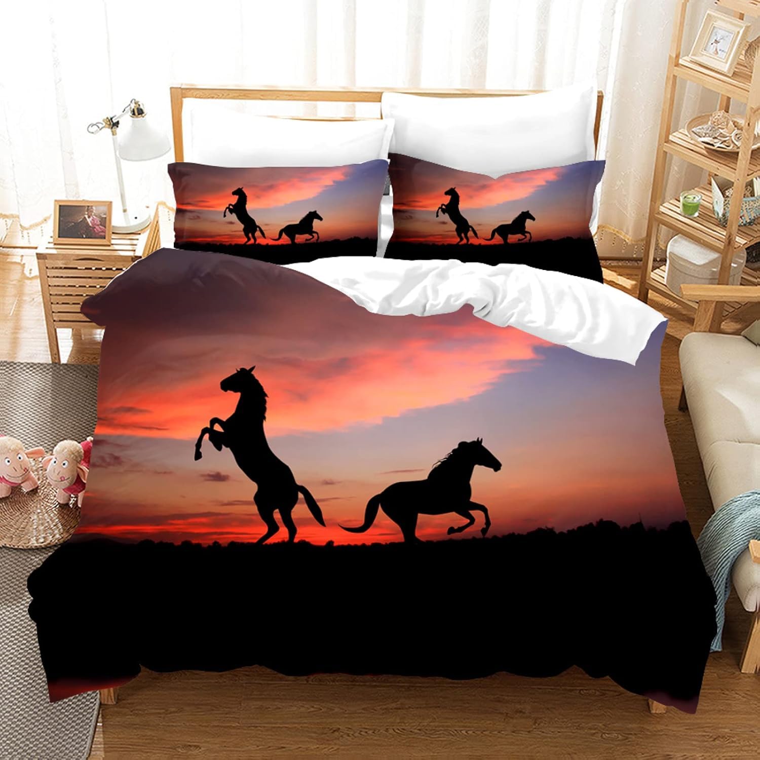 Housse de couette 160x200 cheval anti-plis en microfibre douce avec taie 65x65 respirante