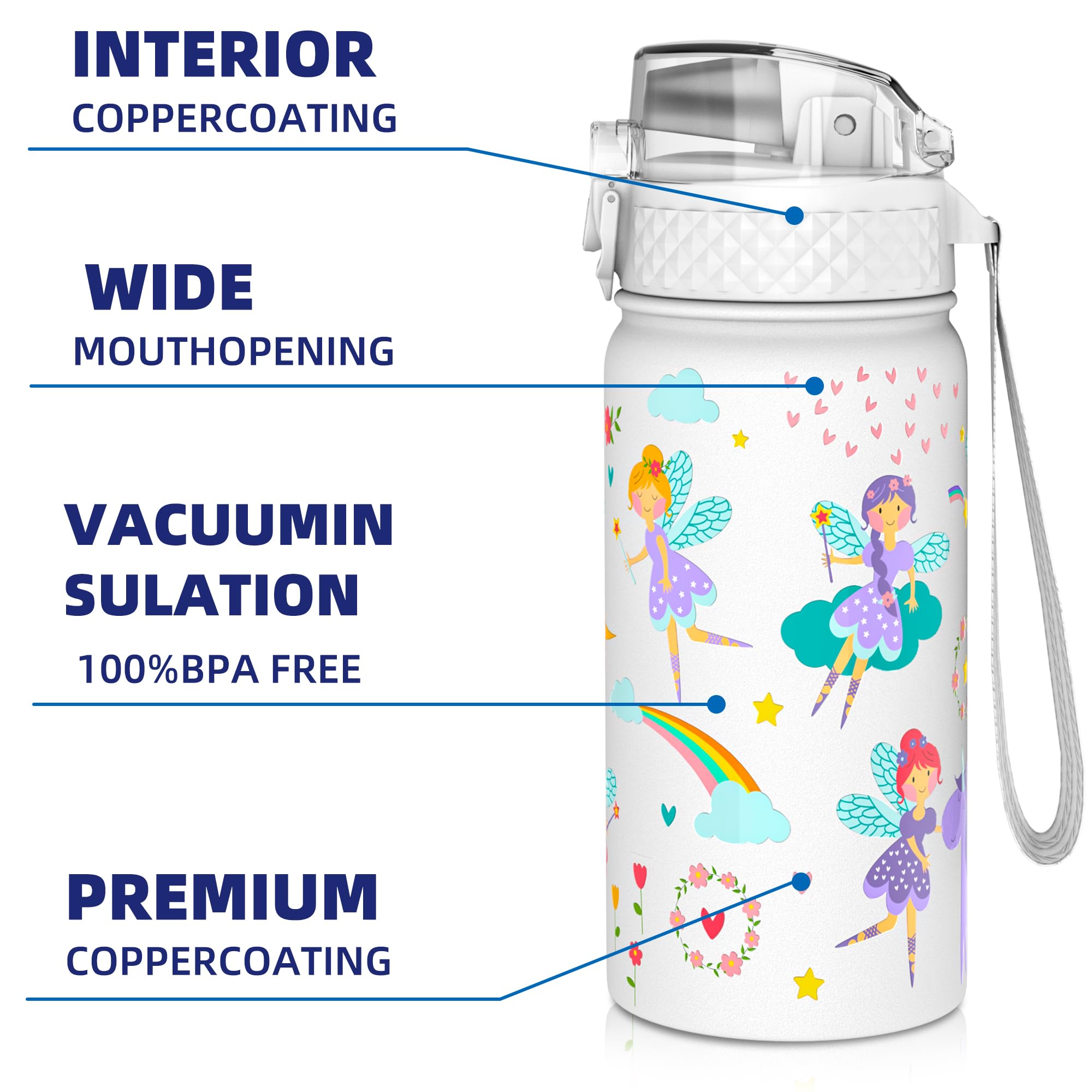 GOPPUS 420ml/14oz Kids Insulated Water Bottle with Straw Cute Double Wall Stainless Steel Child's Small Flask Vacuum Insulated Steel Metal Leak Proof Drink Flask Boys Toddler Girls Bottles BPA-Free - Image 4