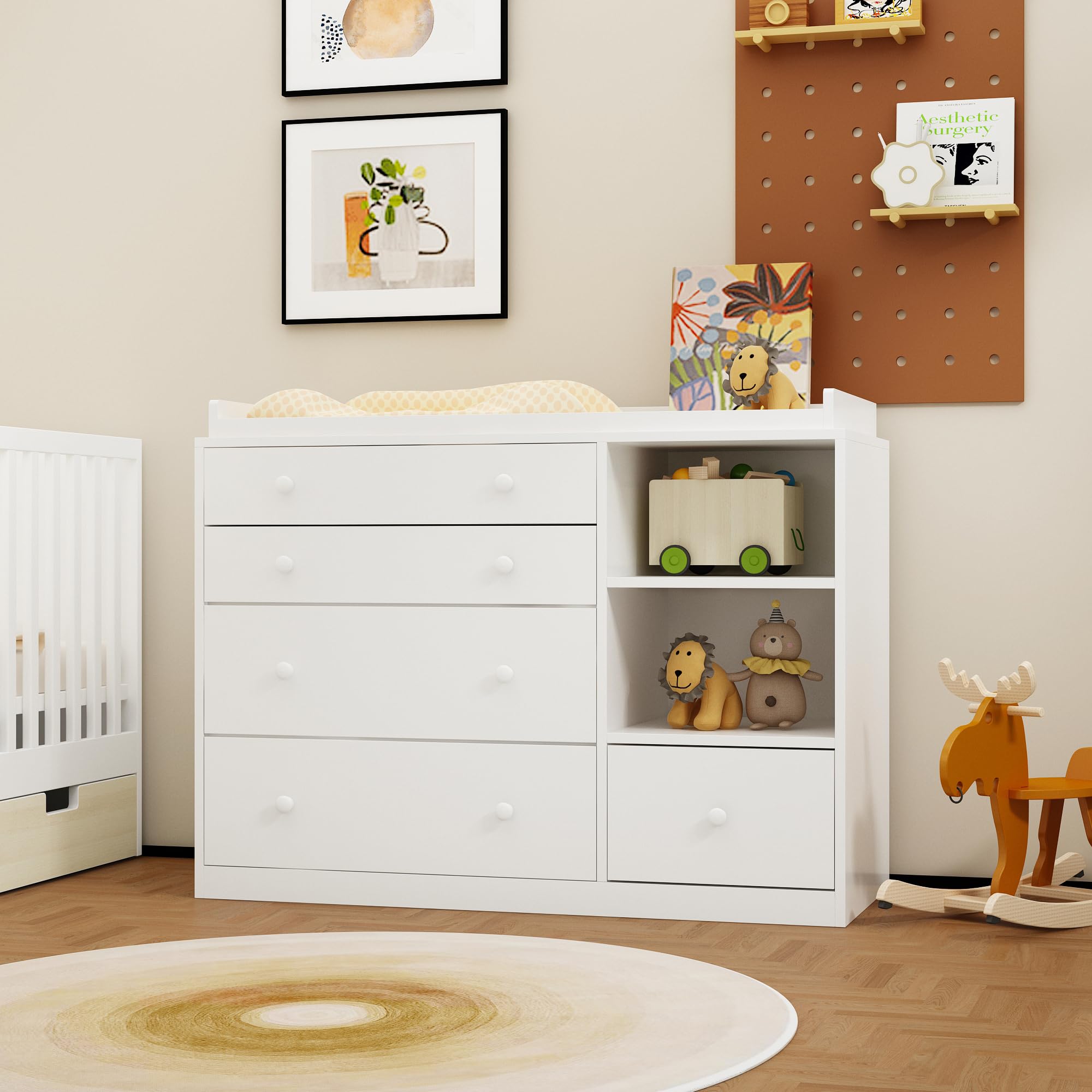 Table à Langer Table à Langer pour Enfant avec 5 tiroirs, Commode pour Enfants avec 2 Compartiments à Jour, Meubles pour Enfants Table à Langer pour Chambre à Coucher, 120 x 50 x 91,5 cm