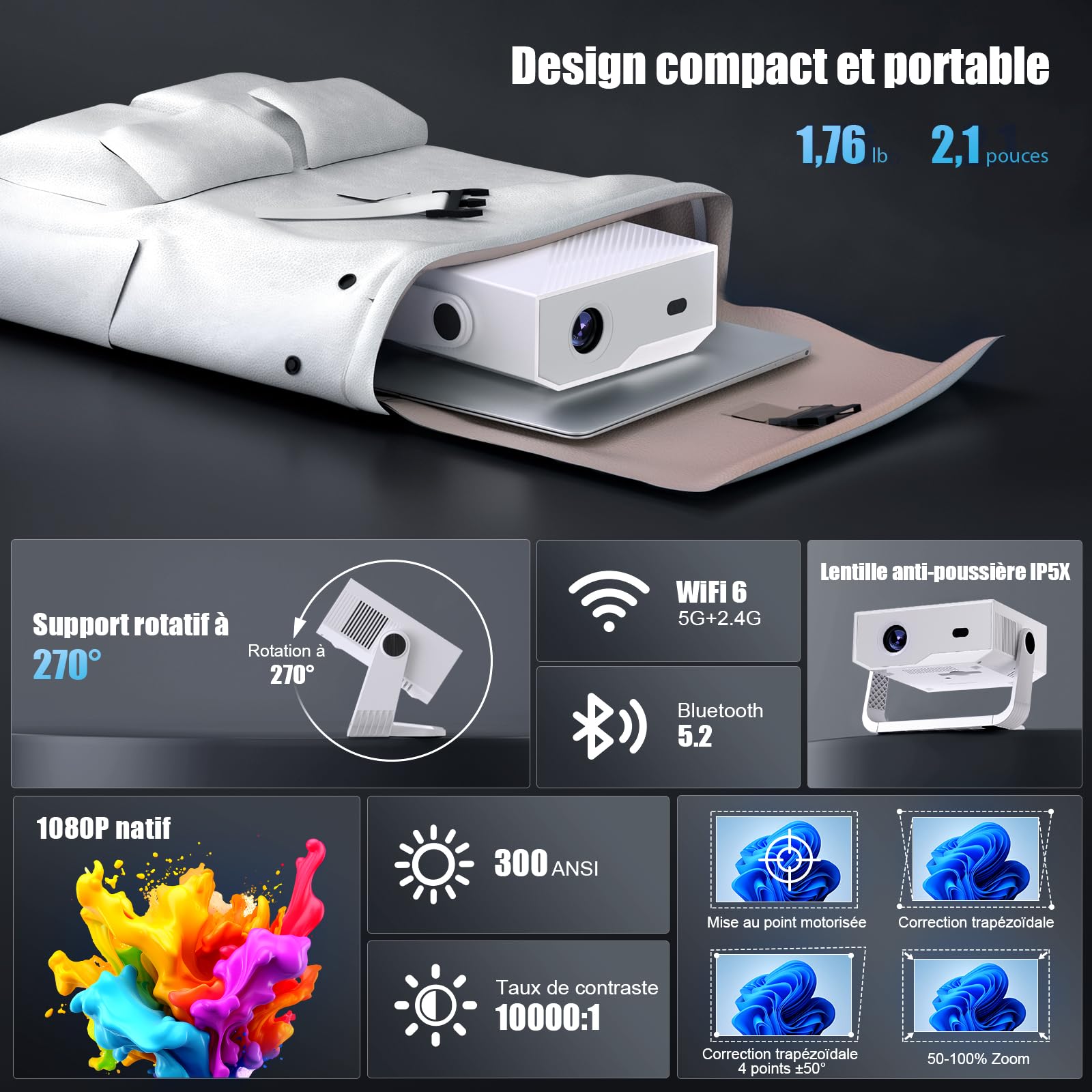 [2026 Version Améliorée] Android Videoprojecteur 4K &1080P WiFi et Bluetooth Focus électronique Correction à 270 Degrés Retroprojecteur Portable pour HDMI/TV Stick/Laptop