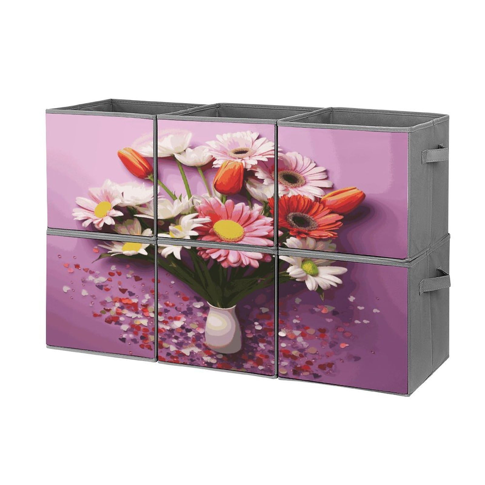 Fekiloot Style Fresh Flowers Storage Bin For Foldable And Handles,Closet Organizer Of 6-Pack Stackable,Storage Box For Living,Room, Office,Bedroom,Closet