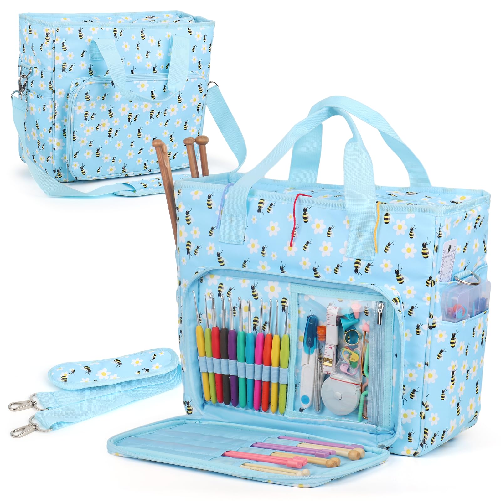 Aeelike Yarn Storage Bag Organizer, Large Crochet Tote Bag, Blue Flower