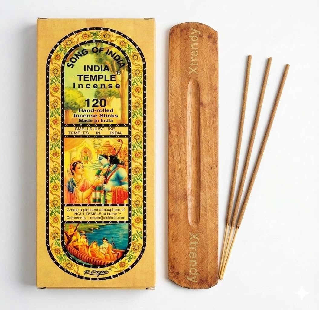 Song of India - India Temple Incense Sticks. 120 Stick Package. 150 Grams with Xtrendy Wooden Incense Holder