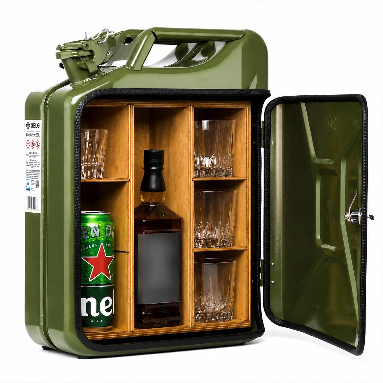 20L Kanister Bar inkl. 3 Whisky Gläser- Jerrycan 4 Herausnehmbaren Fächern Grüner Metall Mobile Bar Geburtstagsgeschenk für Männer, Abschließbarer Minibar - Größe: 36x46x18cm