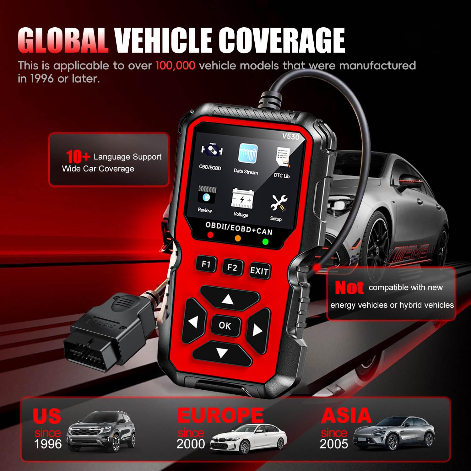 OBD2 Diagnosis Coche Multimarca,OBD Scanner,Maquina de Diagnosis para Coche Apoya Español,Lector de Código para Coche,Compatible BMW Mercedes Audi Vehículos OBDII (Rojo)