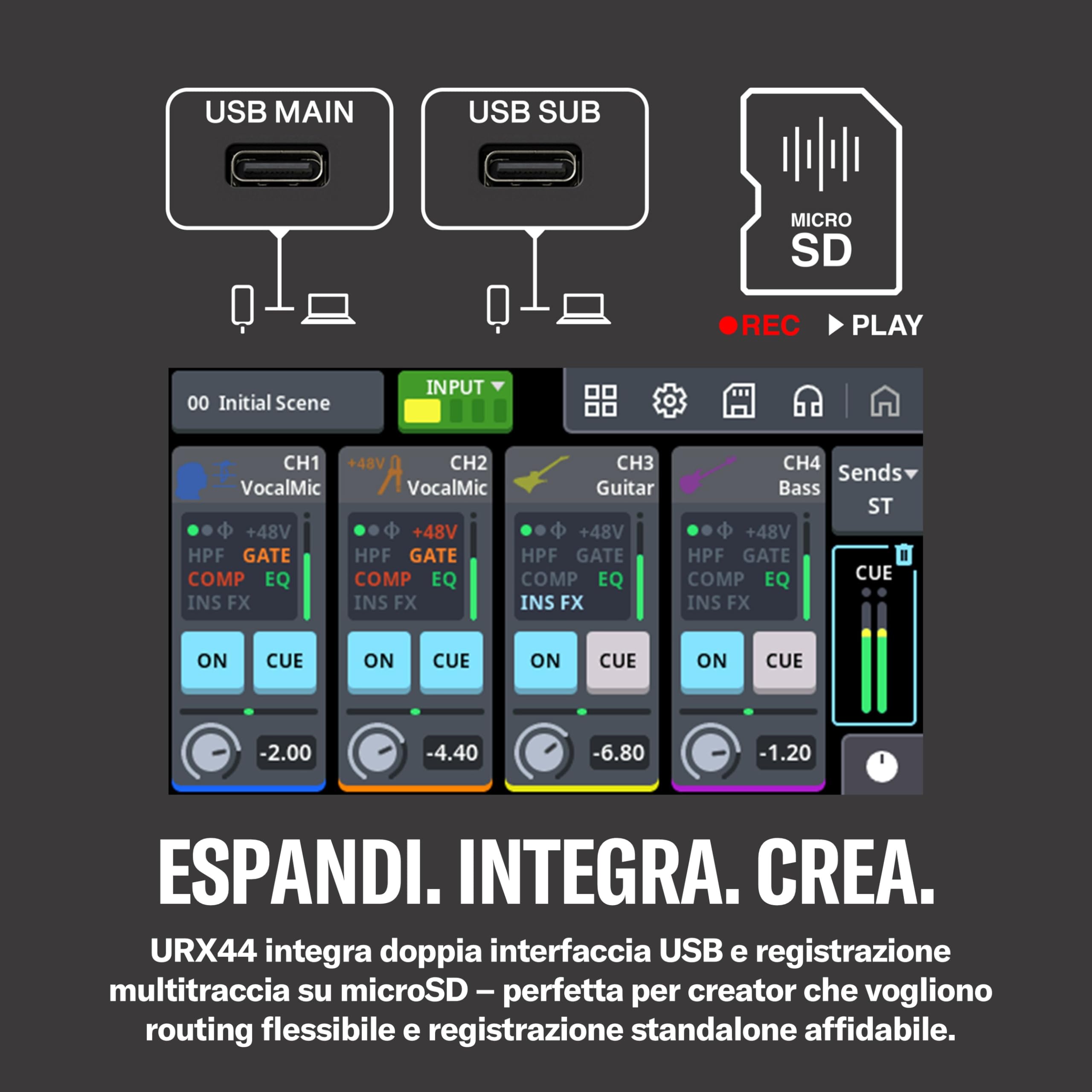 YAMAHA URX44 Interfaccia Audio USB-C – Compatta 6 ingressi/4 uscite, audio 32 bit/192 kHz, display LCD touch, DSP integrato, Auto Gain e registrazioni multitraccia – Nero