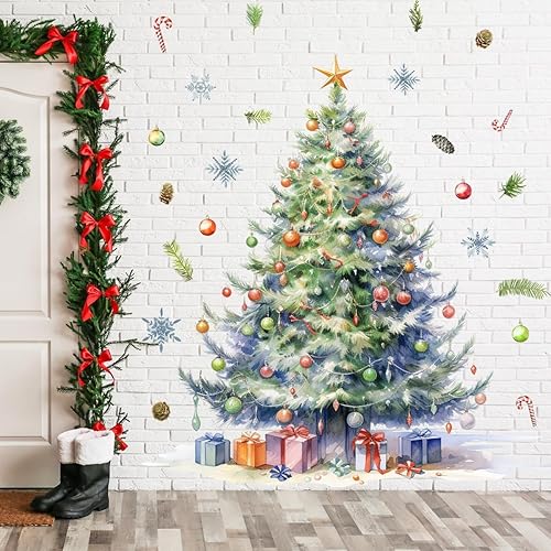 Miniatura 2 de 64.96 x 59.05 pulgadas, calcomanías de pared grandes de acuarela para árbol de Navidad, removibles, bricolaje, acuarela, árbol de Navidad,