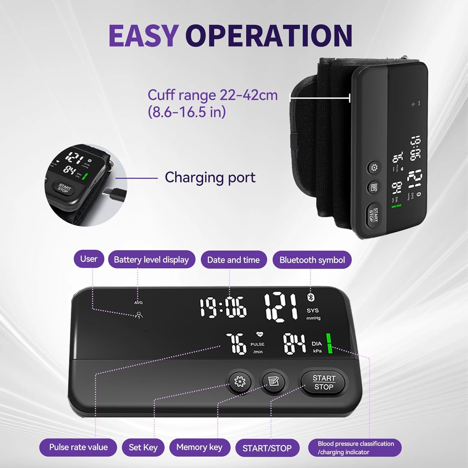 Wireless Blood Pressure Monitor Upper Arm Large Cuff Bluetooth Blood Pressure Machine, Ultralight Portable Rechargeable Blood Pressure Monitor, App Enabled iOS/Android