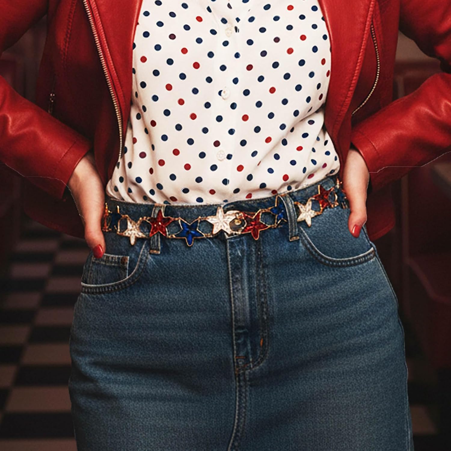ELABEST Rhinestone Chain Belt Crystal Waist Belt Statement Diamond Patriotic Star Belly Jewelry