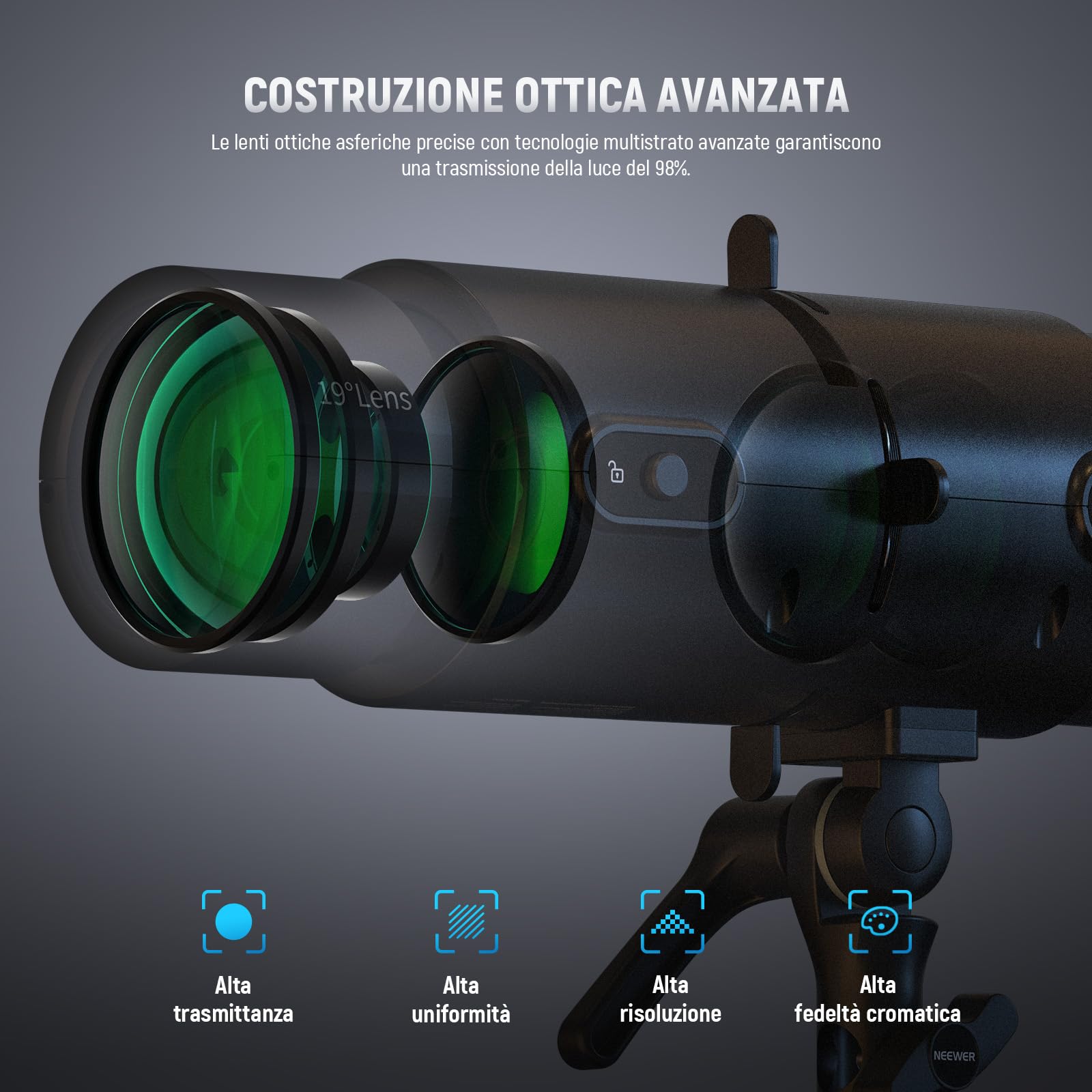 NEEWER LS-300 Snoot Ottico Spotlight per Luci Video LED Bowens da 300W con 16x Gobo Lente di Proiezione 19° Trasmissione Luce al 98% Forma Geometrica per Fotografia Creativa e Illuminazione Migliorata