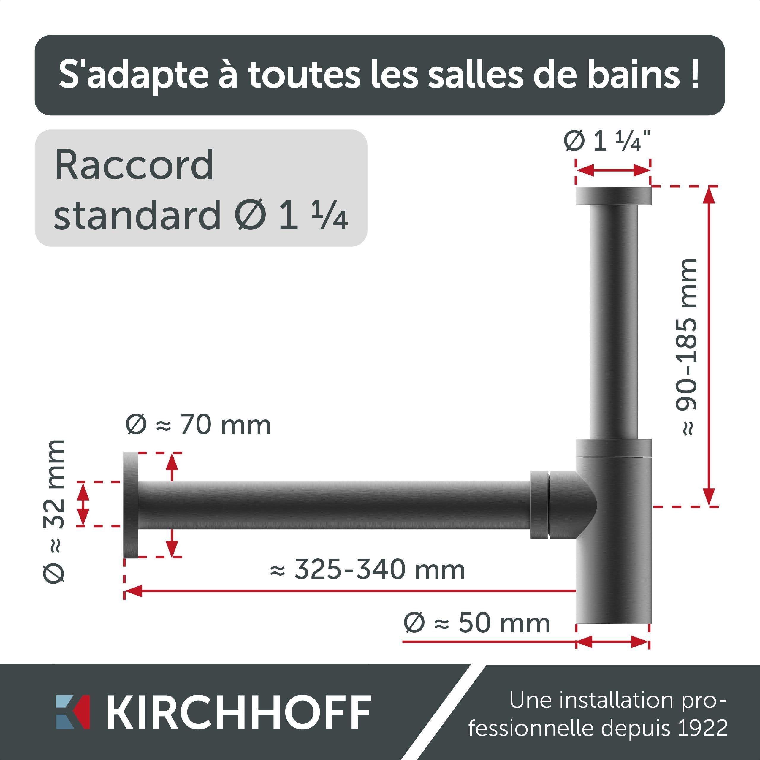 Kirchhoff Bonde de Lavabo Universelle Graphite Mat, Siphon | Laiton massif enduit, raccord 11⁄4", kit avec rosace murale, joint bonde et bouchon lavabo universel, ouverture de nettoyage