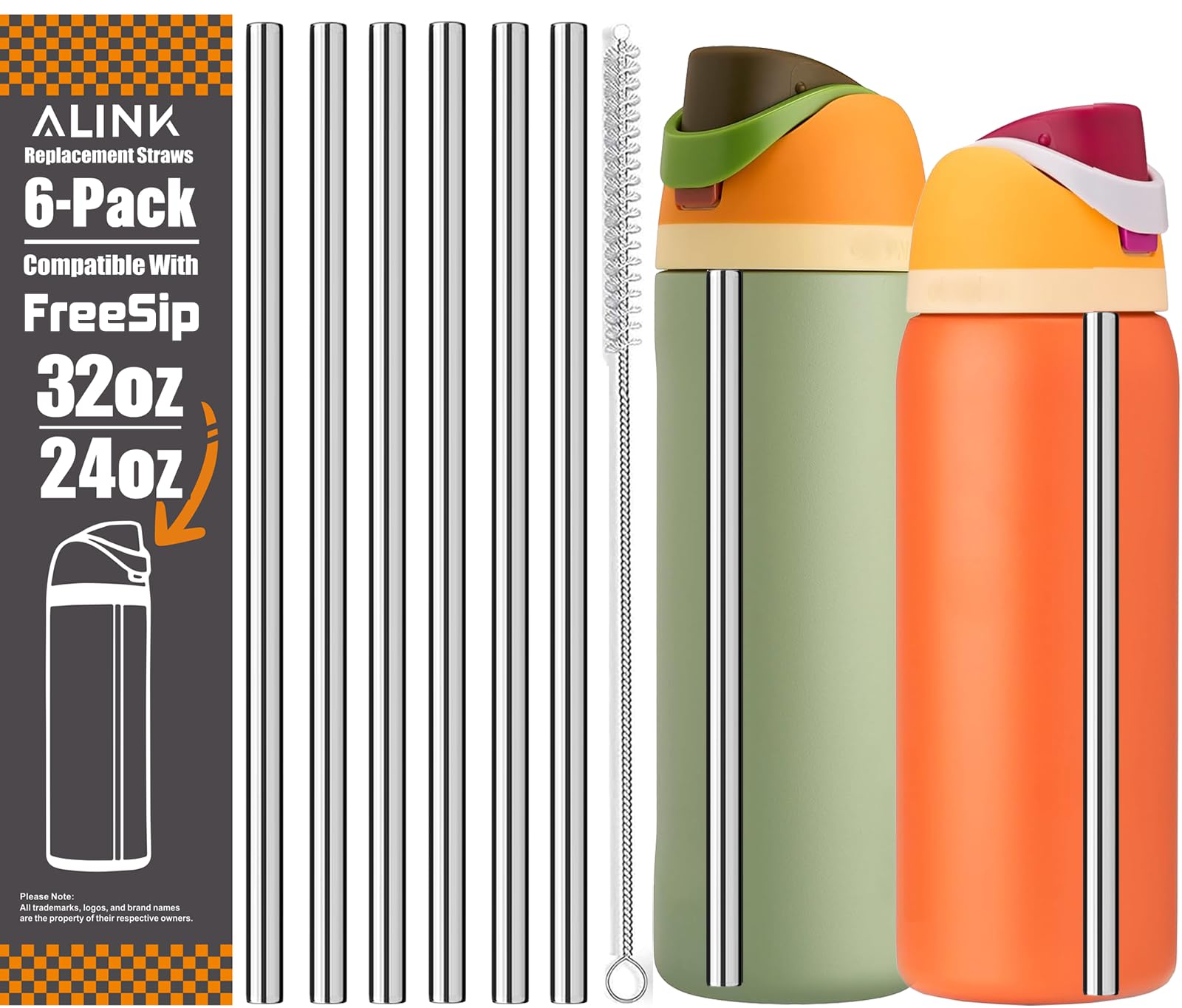 ALINK Stainless Steel Straws for Owala FreeSip Insulated Water Bottle 24 oz 32 oz, 6 Pack Reusable Metal Replacement Straws for 32oz 24oz Owala
