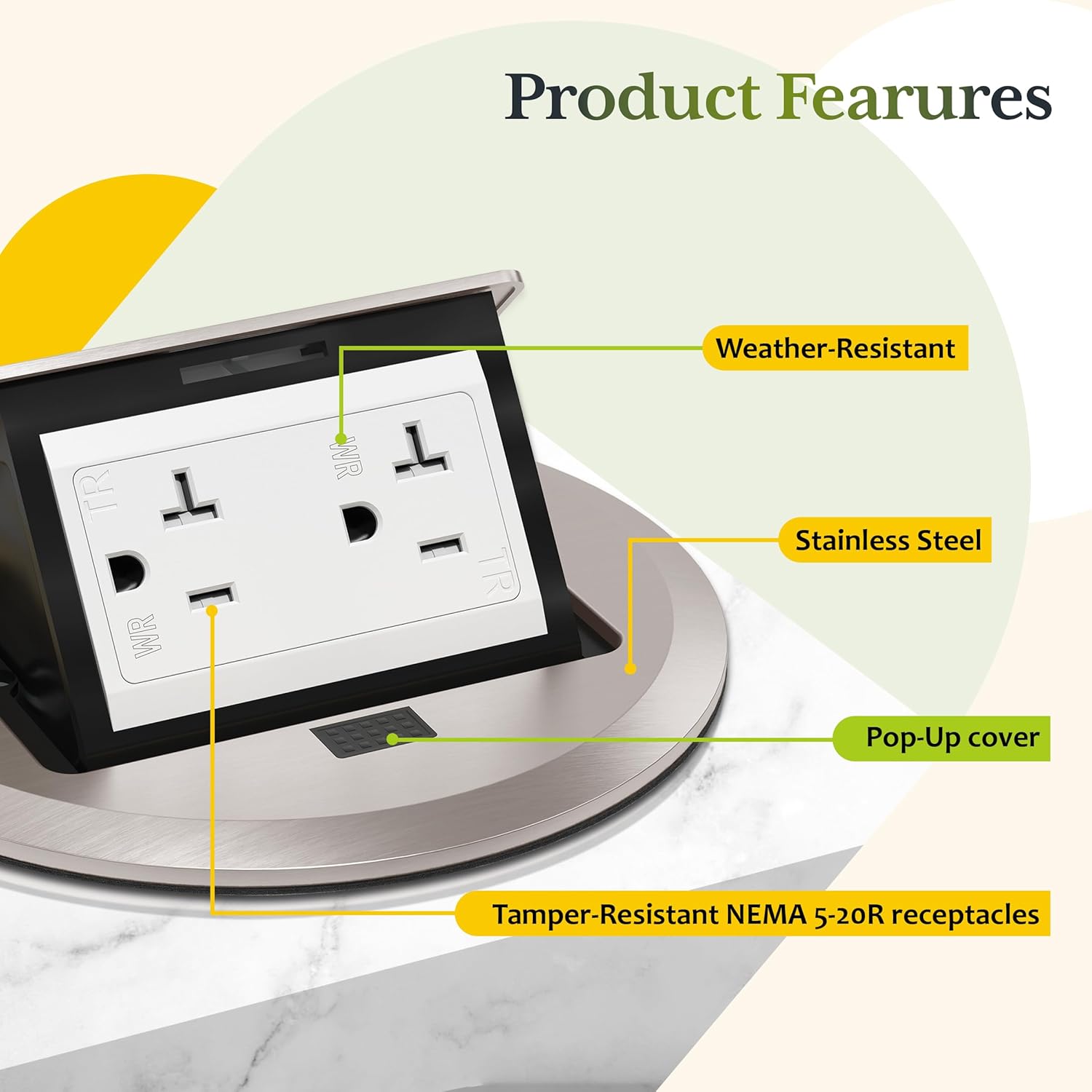 TG Round Pop-Up Floor Box Kit, 20A Tamper-Resistant Weather Resistant Receptacle Outlet, Outlet Cover Box, Watertight Gasket and Corrosive Resistant Hardware, Nickel Plated Brass, Stainless Steel