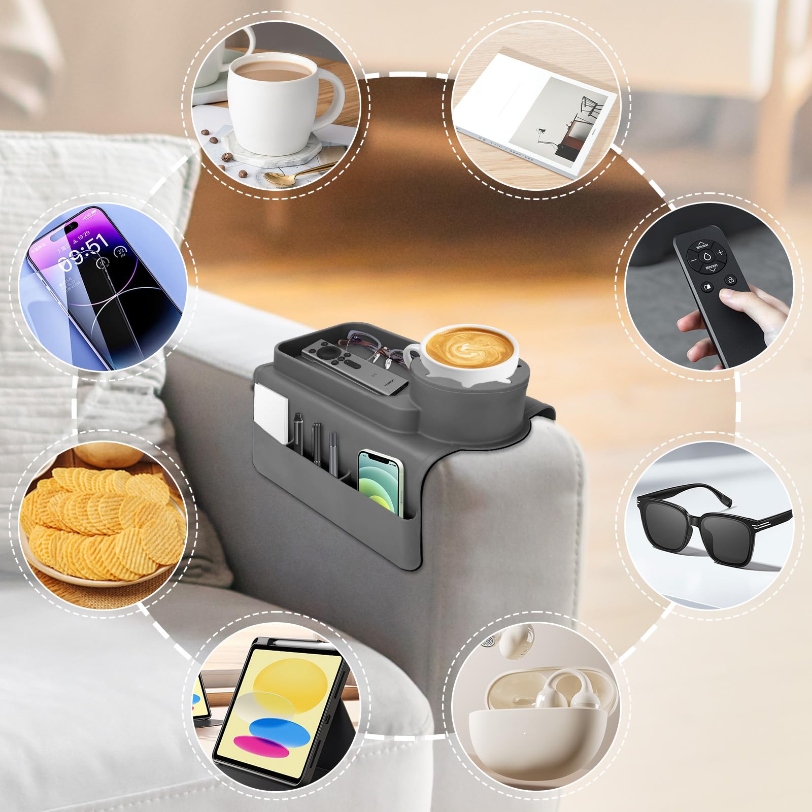 Armlehnen Tablett aus Silikon, Sofatablett mit 2 Seitentaschen, Anti-Spill & Anti-Rutsch, Große Speicherkapazität für Tasse, Telefon, Tablet, Snacks, Grau