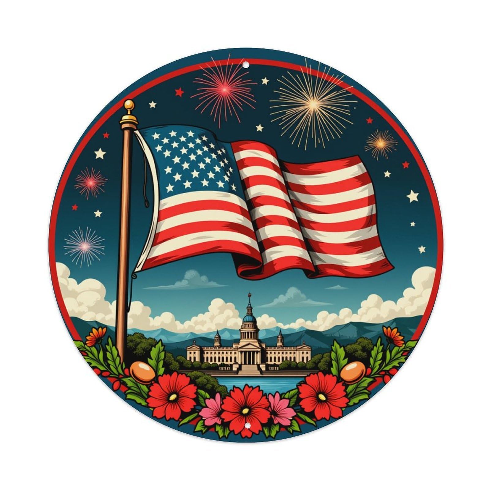 American Flag Capitol Fireworks Flowers Round Tin Sign Vintage Metal Poster, Home Bar Garage Man Cave Cafe Indoor & Outdoor Wall Decoration 8x8Inches
