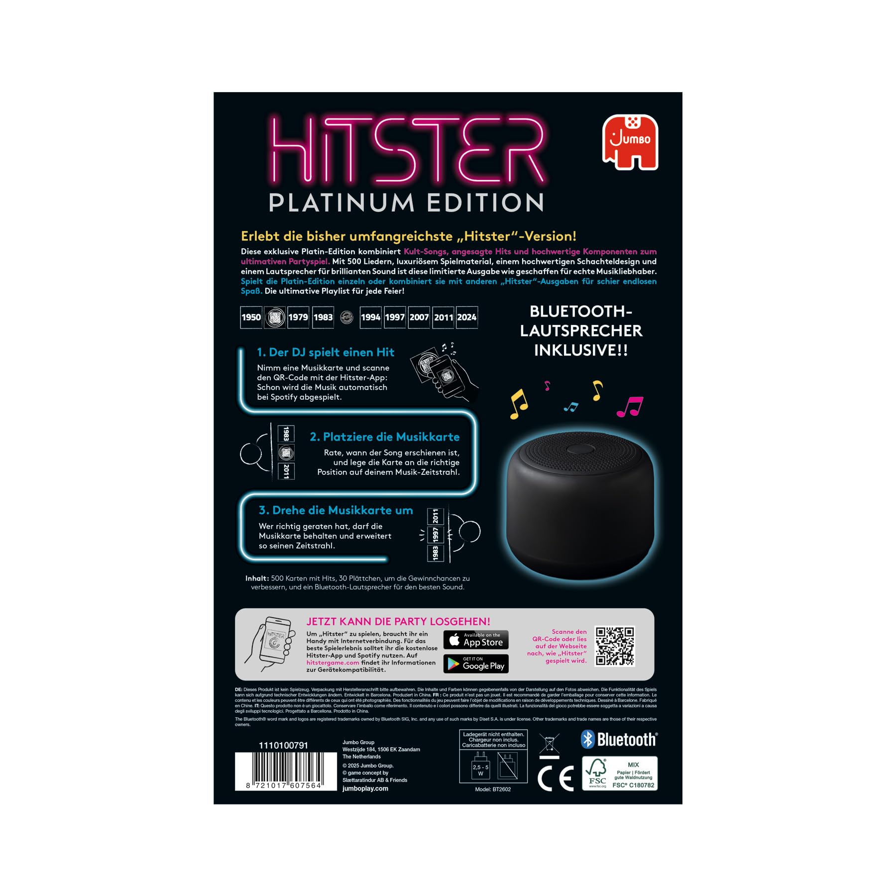 Hitster Platin-Edition – Musik-Partyspiel mit 500 Songs aus Pop, Rock, Hip-Hop, Dance & mehr, inkl. Lautsprecher
