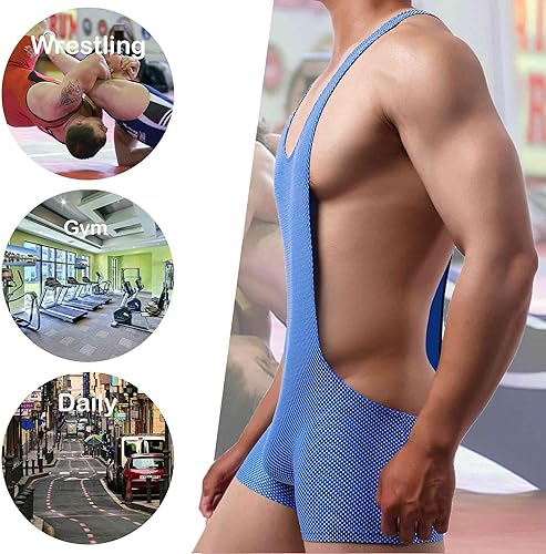 Miniatura 37 de QiaTi Boxers de lucha libre transpirable para hombre, overol de una pieza, leotardo básico para hombre B#Striped