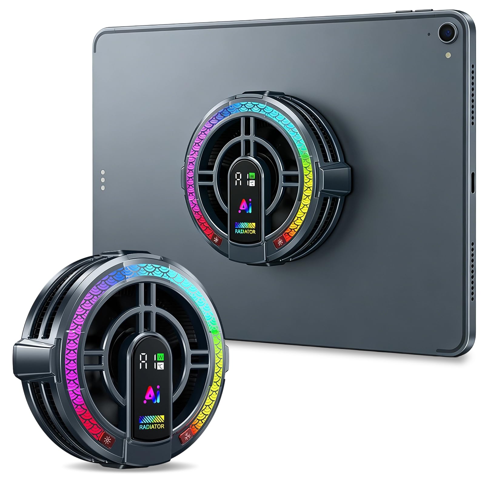 Raffreddatore magnetico per tablet con 4 modalità di raffreddamento, doppio display digitale di temperatura e potenza elettrica, radiatore universale per telefoni cellulari/tablet/iPad