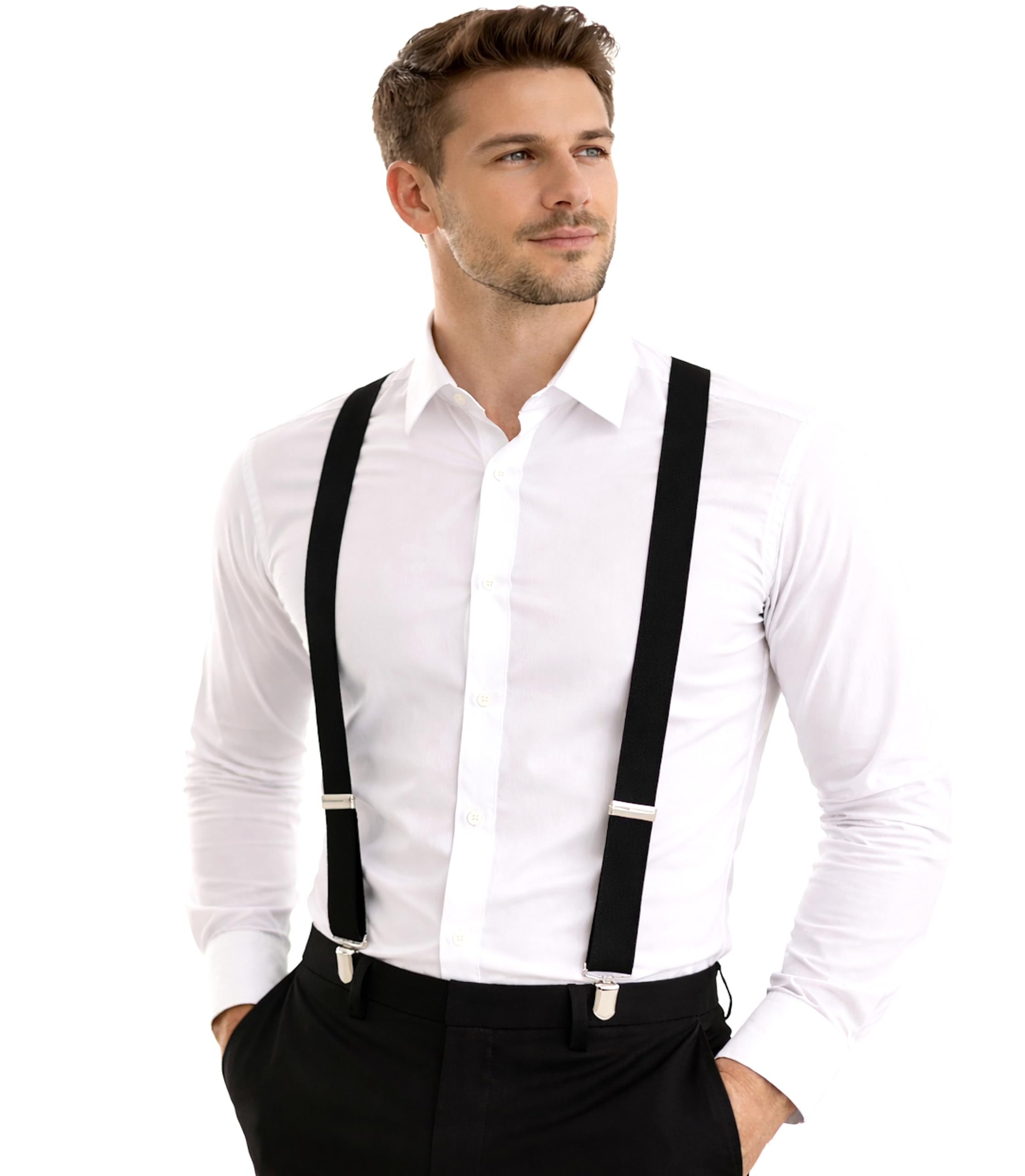 Mens Suspenders - Adjustable Elastic X Shape Womens Suspender for Costume Tuxedo Suit Jeans with Strong Clips