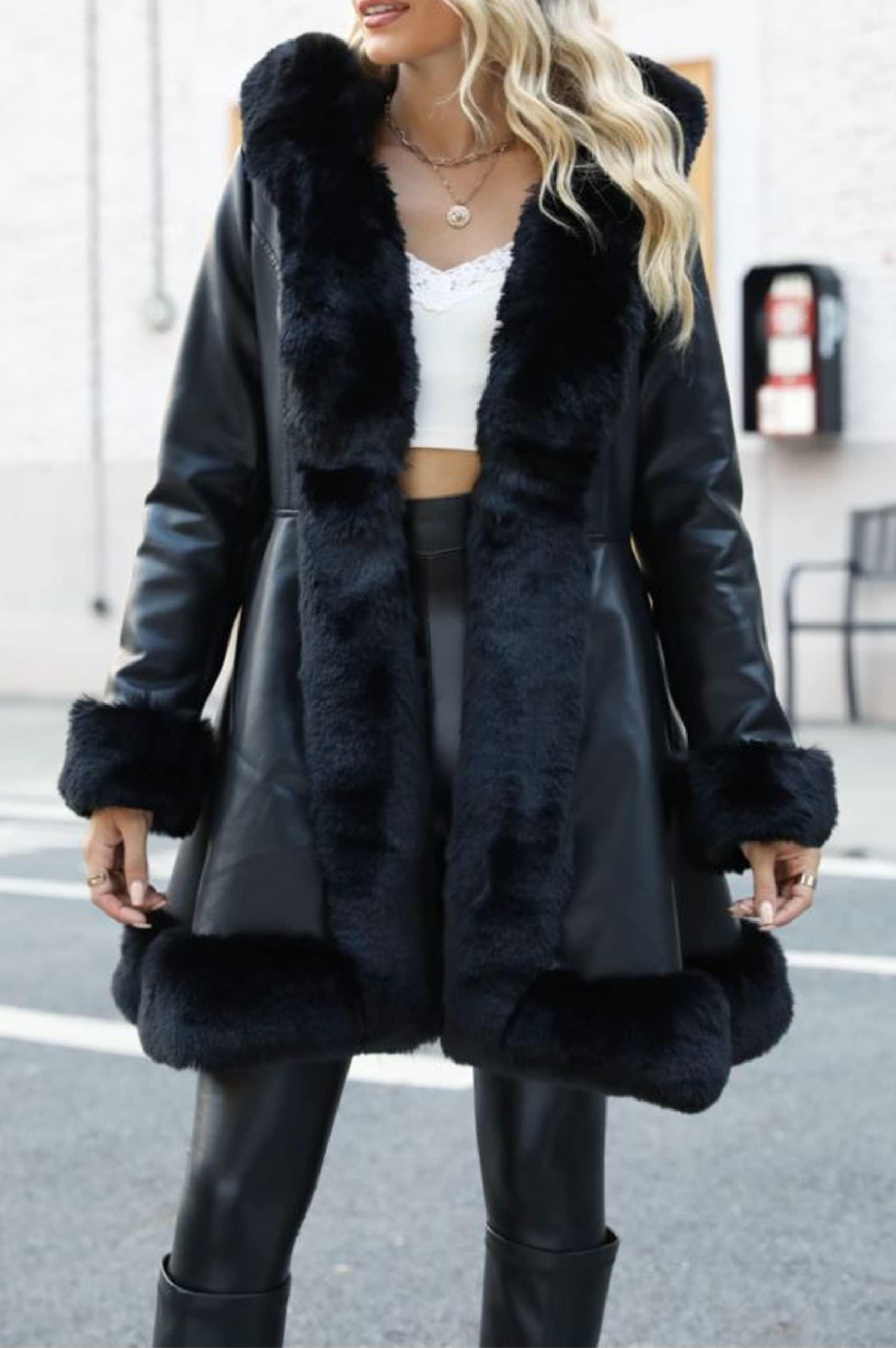 Giolshon Manteau Longue en Similicuir et Mélange de Fausse Laine pour Femme Robe en Molleton à Ceinture Parka Chaude D'hiver en Sherpa