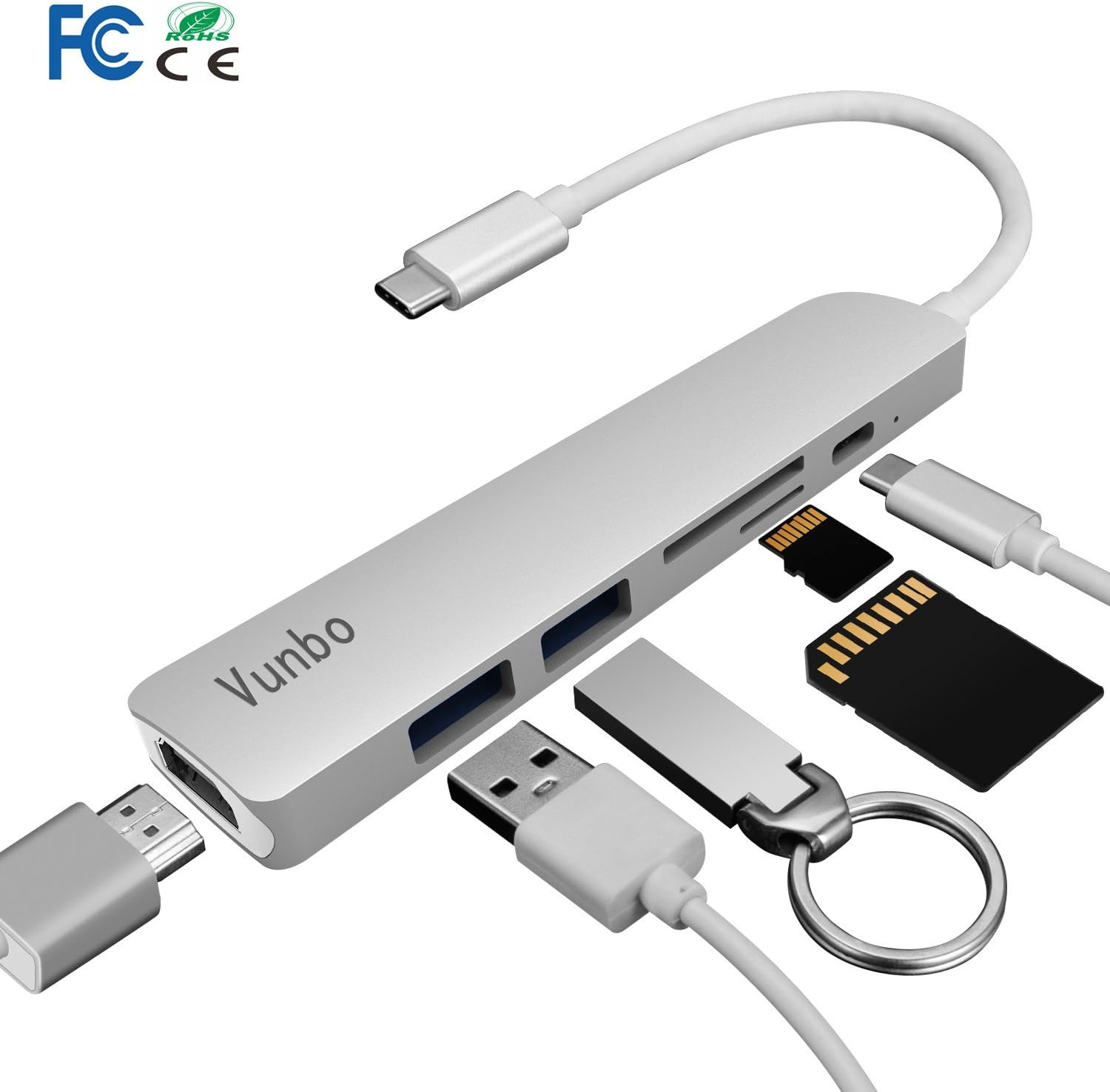 USB C Hub Adapter by Vunbo,Aluminum 6-in-1 USB Docking Station,Type C Hub Adapterwith 4K HDMI Output,SD/TF Card Reader and 2 USB 3.0 Ports for Macbook Pro2016/2017 Surface Book 2 and More (Silver)