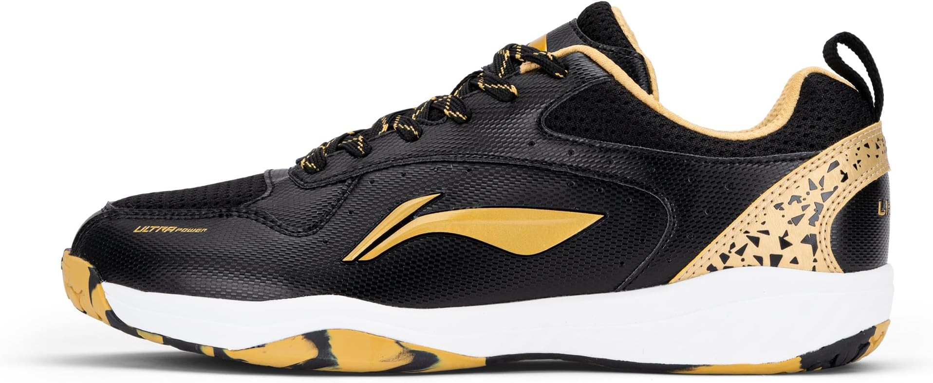 Li-NingMens Ultra Power Non-Marking Badminton Shoe|Indoor Sports|Stability Heel, Prototypical Sole, Lightweight Shoe (Black/Gold,UK 3)