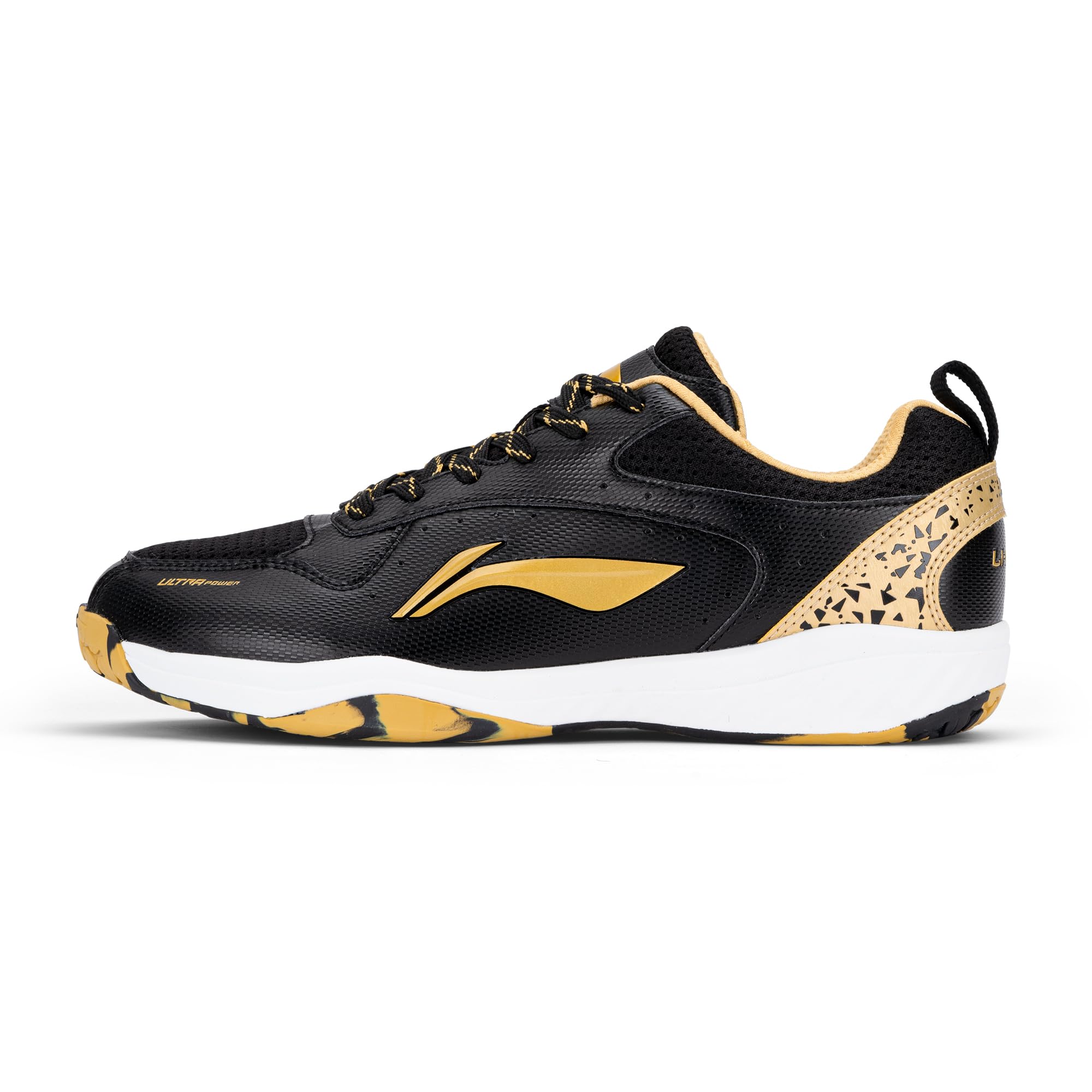 Li-NingMens Ultra Power Non-Marking Badminton Shoe|Indoor Sports|Stability Heel, Prototypical Sole, Lightweight Shoe (Black/Gold,UK 3)