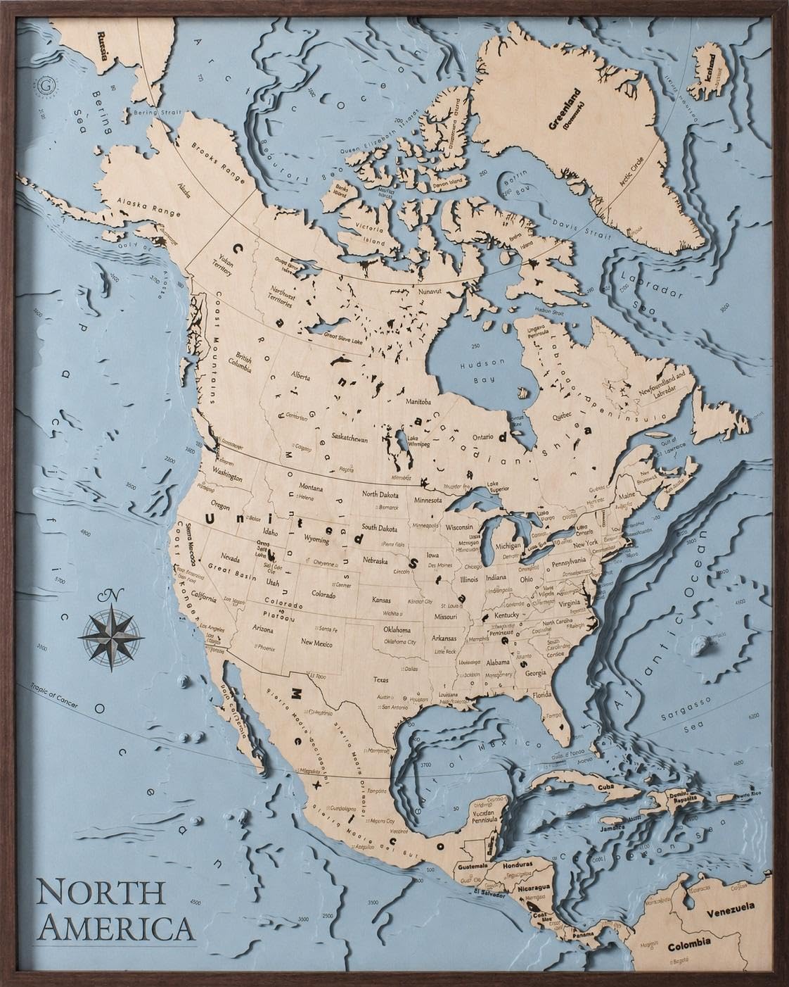 Geckoart.it - Mapa de América del Norte 3D de madera, cuadro de pared, 67 x