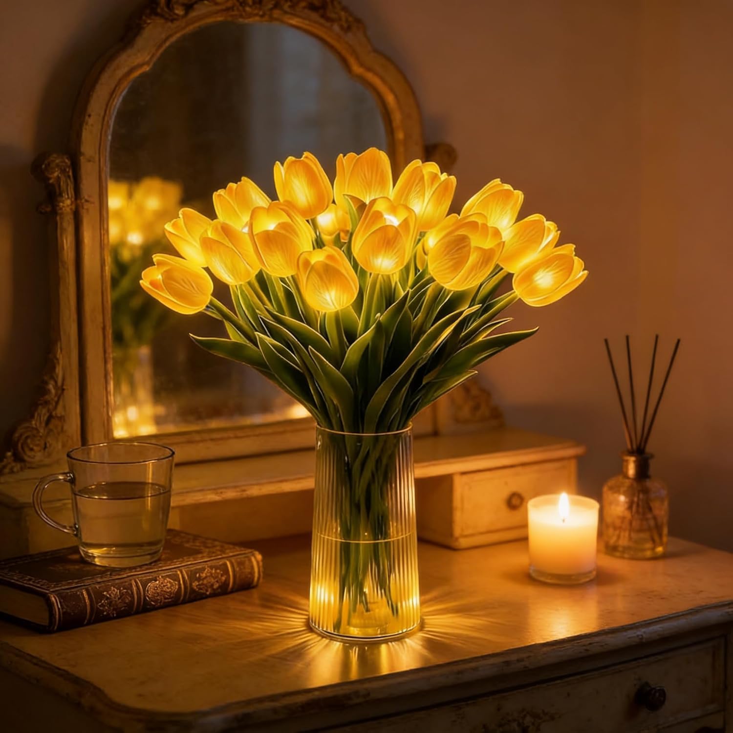 Aukojoy Radiant Romantic Tulip Light with a Vase, 15 PCS Twinkling Led Tulips that Never Fade, Flower Shaped Ambient Night Lamp for Bedroom Bedside Decor & Gift