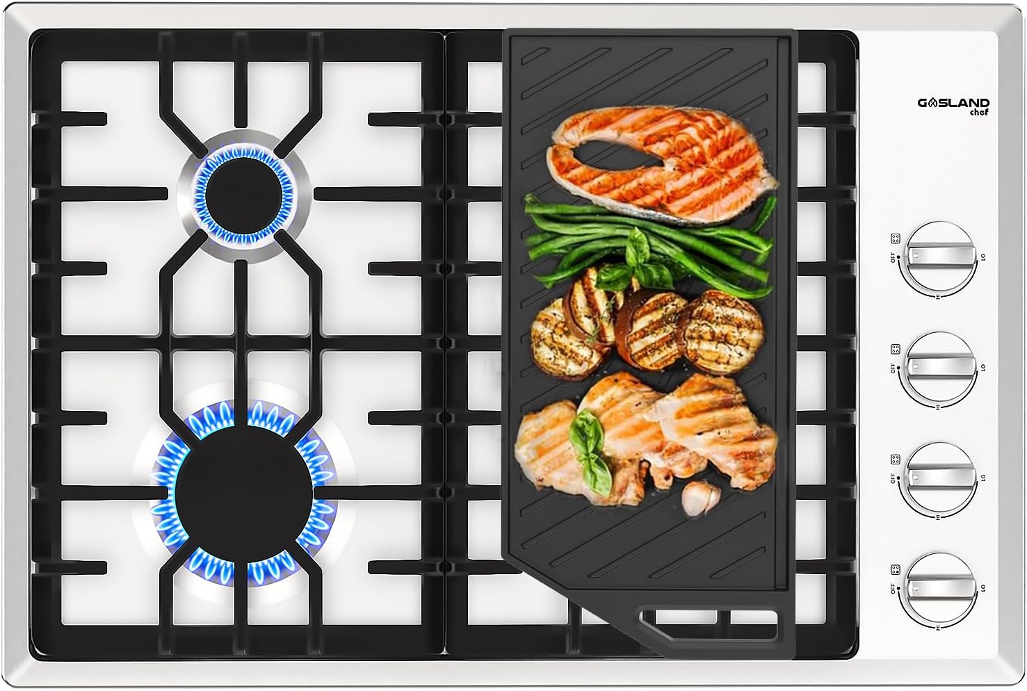 GASLAND 30 Inch Gas Cooktop 4 Burners With Grill/Griddle, NG/LPG Convertible Natural Gas Propane Cooktops, Auto Ignition, Thermocouple Protection