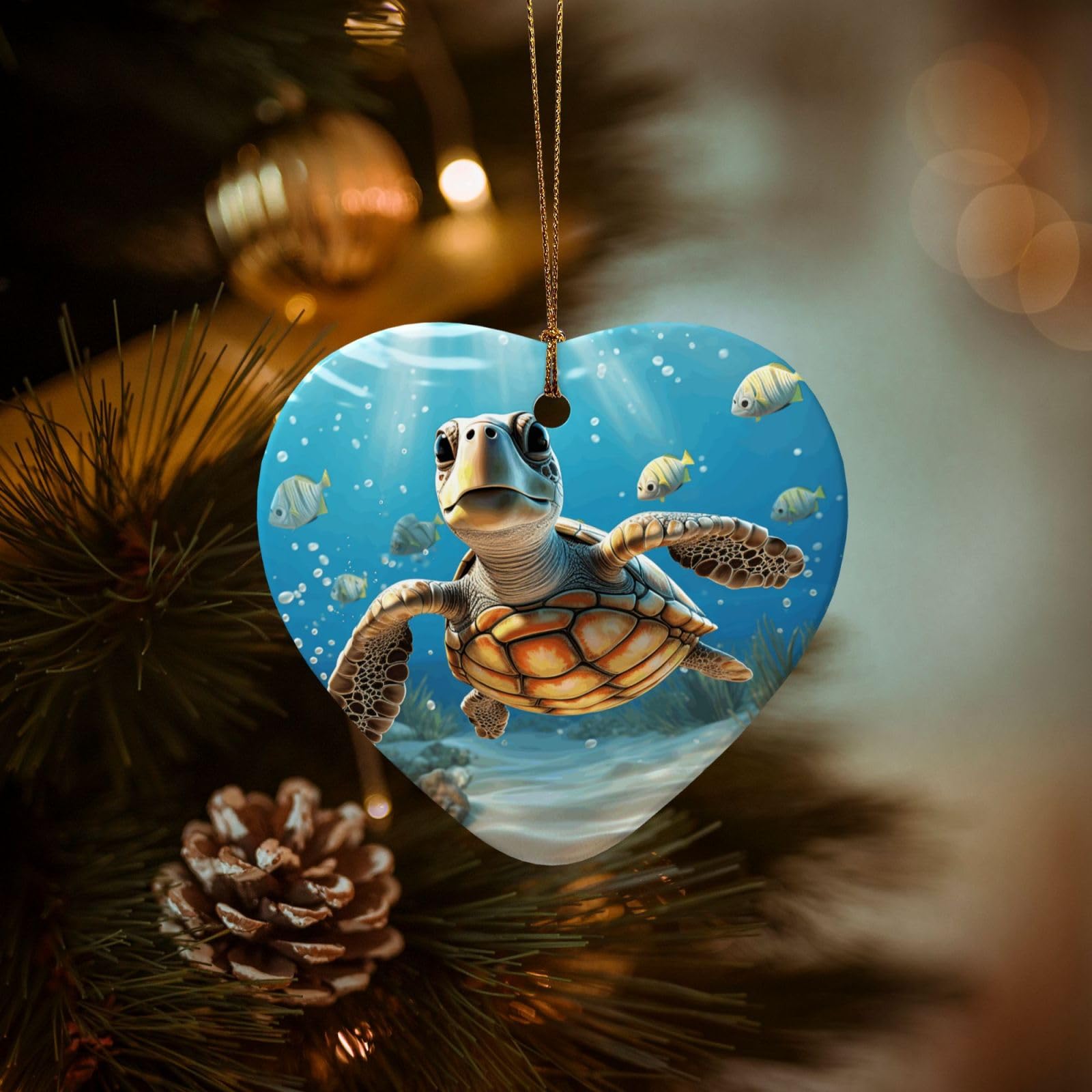 Christmas Ornaments for Christmas Tree Decoration Hanging Cartoon Sea Turtle Ornament with Gold Ribbon Crafts Heart Shape Ceramic Pendant for Keepsake Gifts Xmas Decor Party Supplies