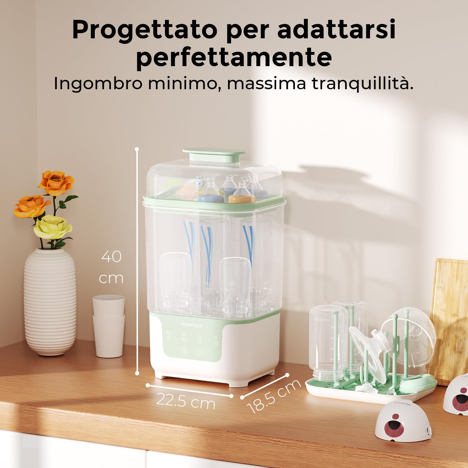 Momcozy Sterilizzatore e Asciugatrice per Biberon, Capacità 6 Biberon, Sterilizzatore Compatto 4 in 1 per Biberon, Parti per Tiralatte e Articoli Essenziali per Neonati, Stendibiancheria Incluso