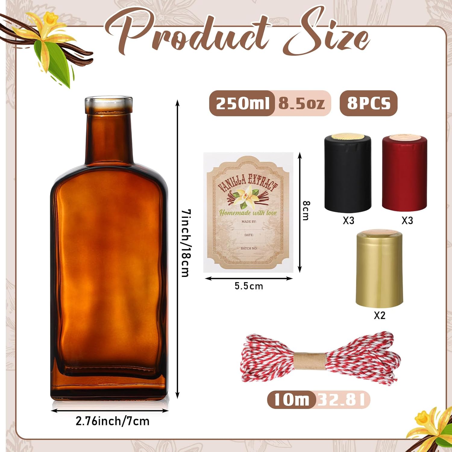 Suclain 8 Pack 8.5 oz Amber Glass Bottle for Vanilla Extract Homemade, Brown Vanilla Extract Bottles with Airtight Lid and Stickers for Syrup Gift Food Storage Canister Christmas Small Gift(Mixed)