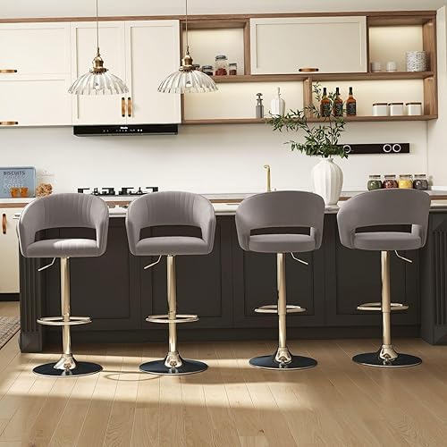 Miniatura 8 de Juego de 2 modernas sillas de bar de cocina con base plateada, taburetes de bar giratorios ajustables con respaldo y reposapiés, taburetes de