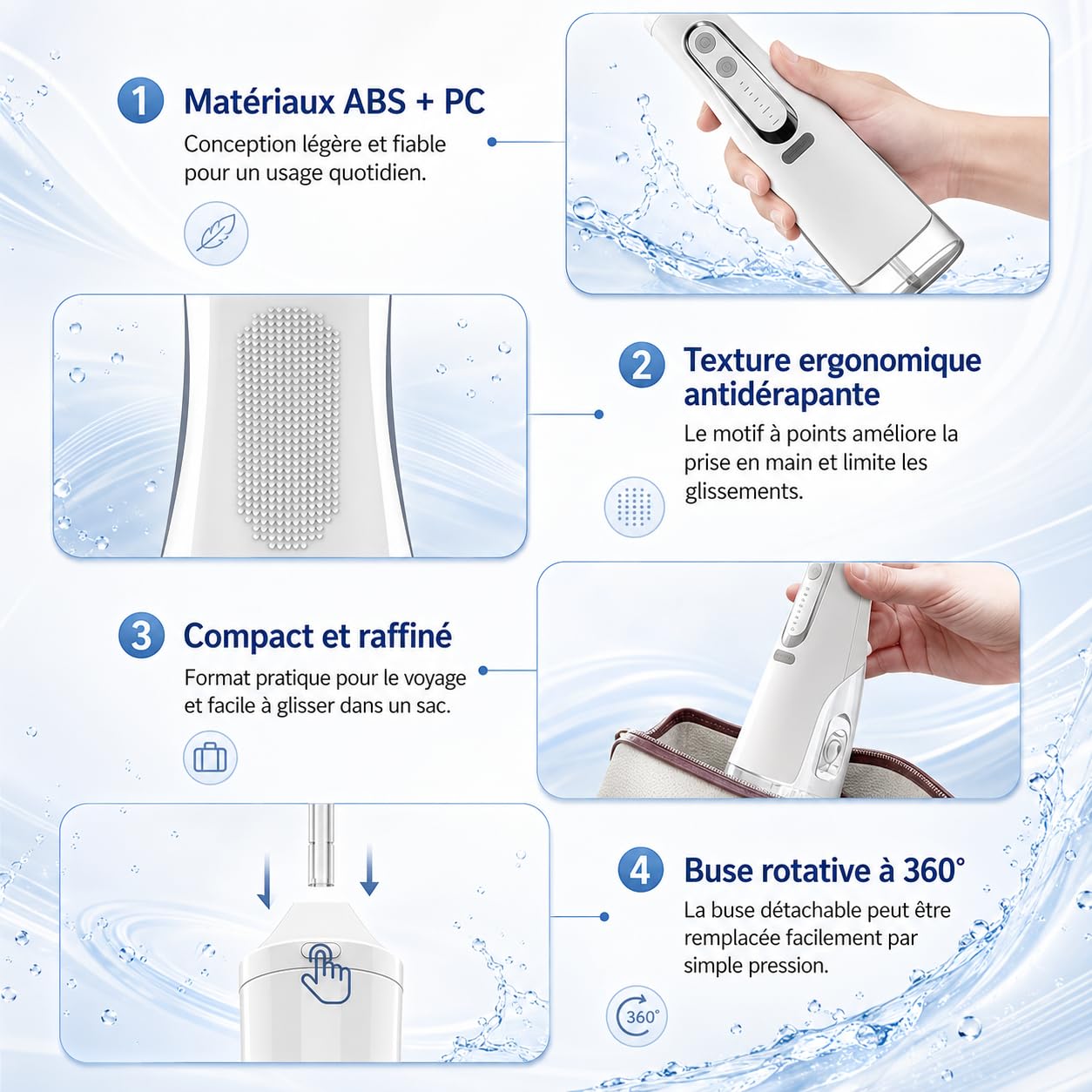 Oryzon Hydropulseur sans fil pour un soin dentaire & buccal optimal - Hydropulseur Dentaire Avec Réservoir 310 Ml, Jet Dentaire Portable IPX7, 4 Modes Et 4 Buses Pour Maison Et Voyage (Blanc)