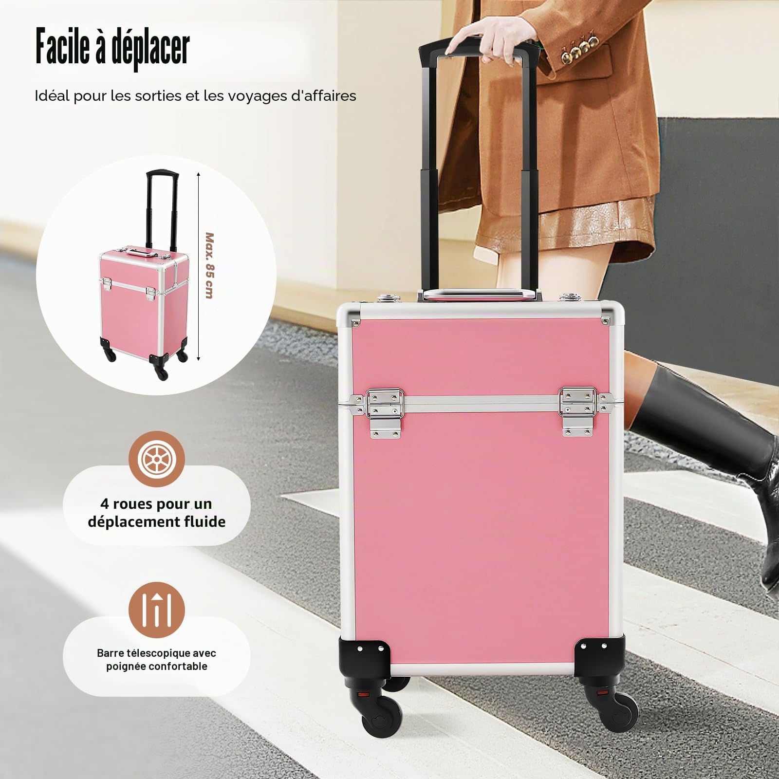 Valise à cosmétiques à roulettes 4 en 1, mallette de coiffeur, mallette de maquillage, petite valise à roulettes verrouillable, rose, 24 x 34 x 47 cm