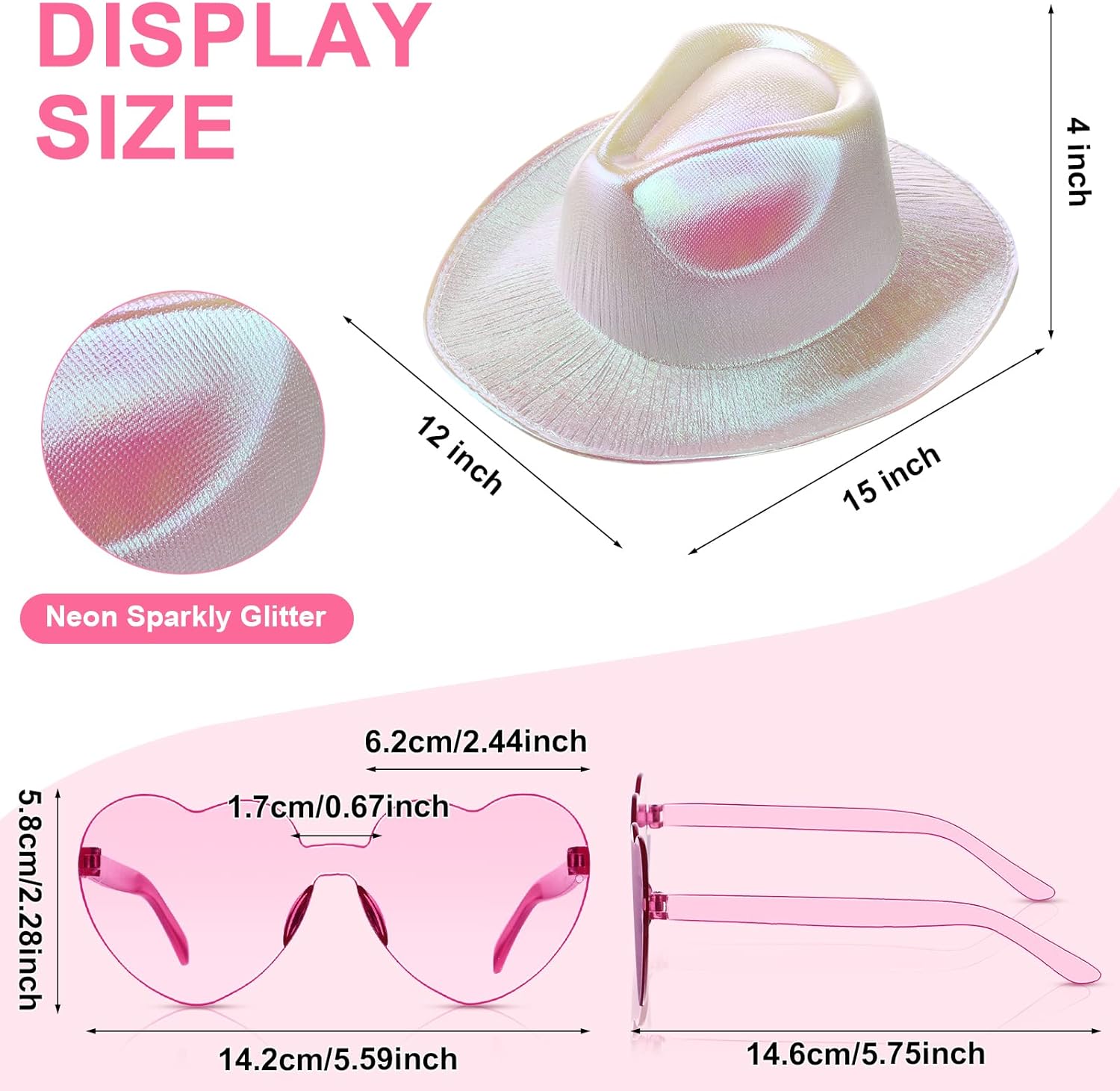 Zhanmai 6 Set Holographic Cowboy Hat Neon Space Cowgirl Hat with Sunglasses Glitter for Women Men Costume Party