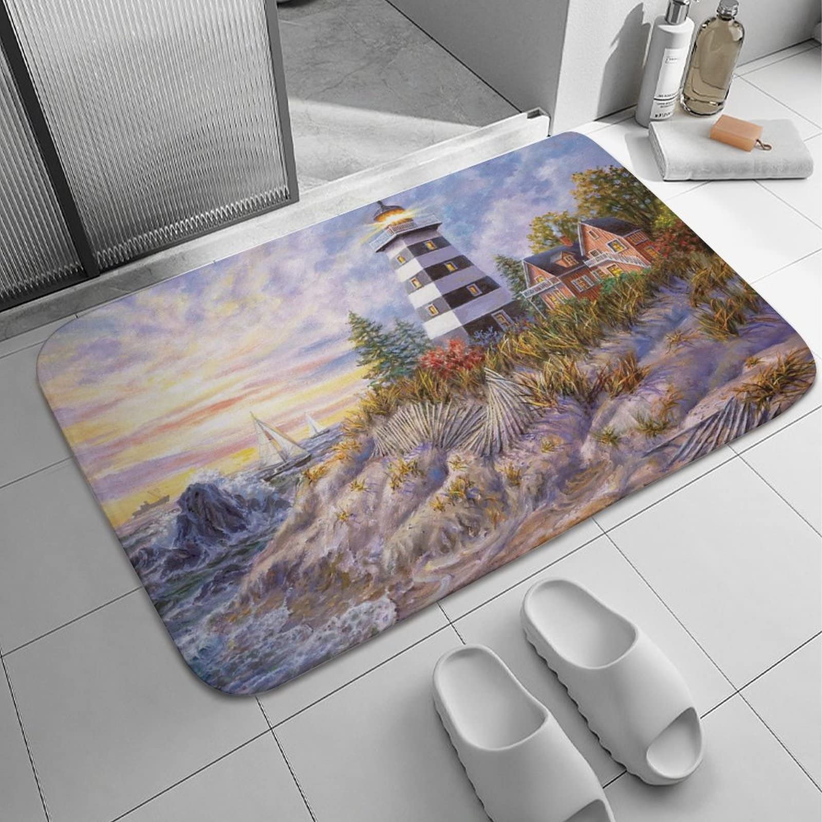 Lighthouse Beach Bath Mats for Bathroom Non-Slip Absorbent Microfiber Soft Plush Doormat Decor Rugs for Kitchen Bedroom Floor Mat 24" X 16"