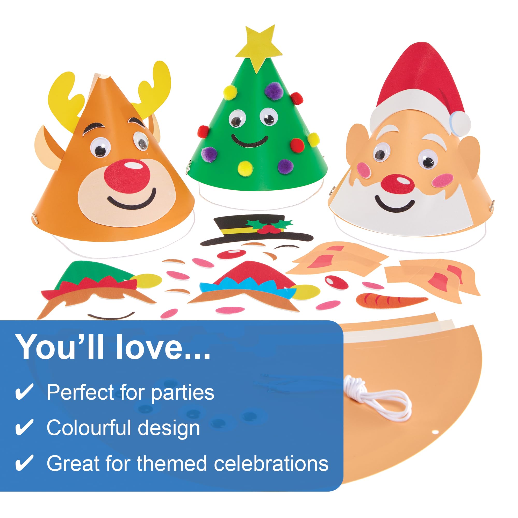 Baker Ross FX704 Christmas Cone Party Hat Kits - Pack of 6, Christmas Party Accessories for Kids, Mixed, 15.5 cm - Image 3