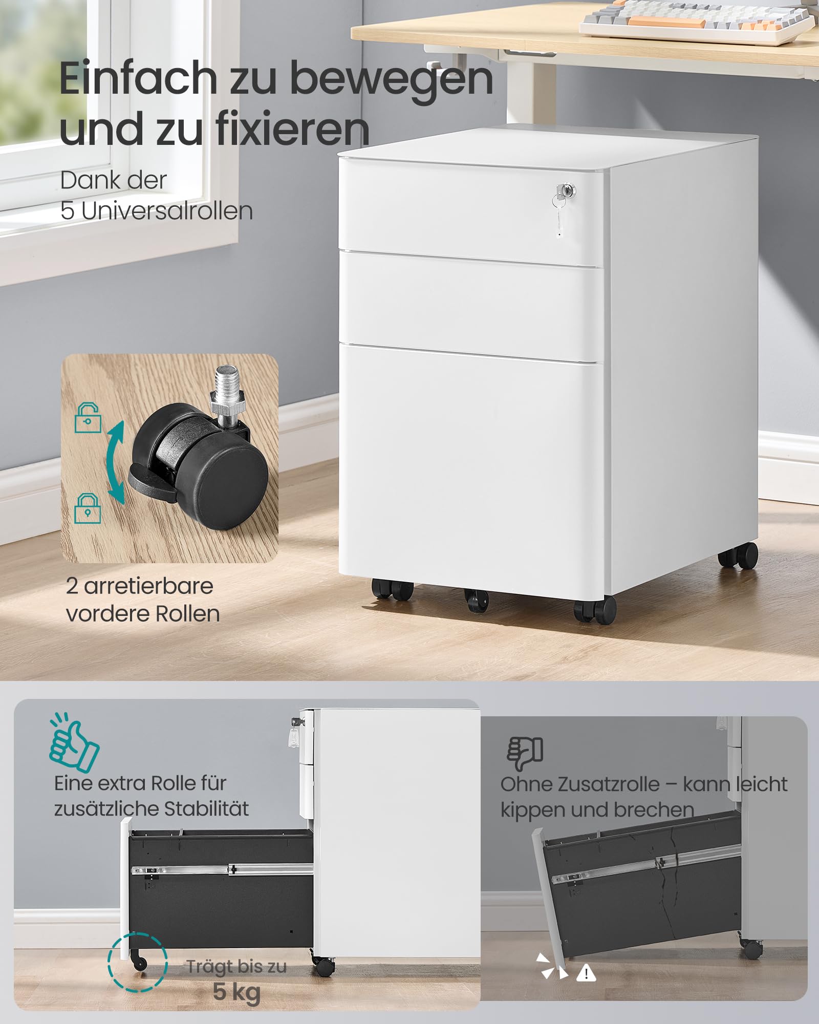 SONGMICS Rollcontainer 3 Schubladen abschließbarer Aktenschrank Metallschrank Druckertisch Büro 50x39x59 cm mattweiß