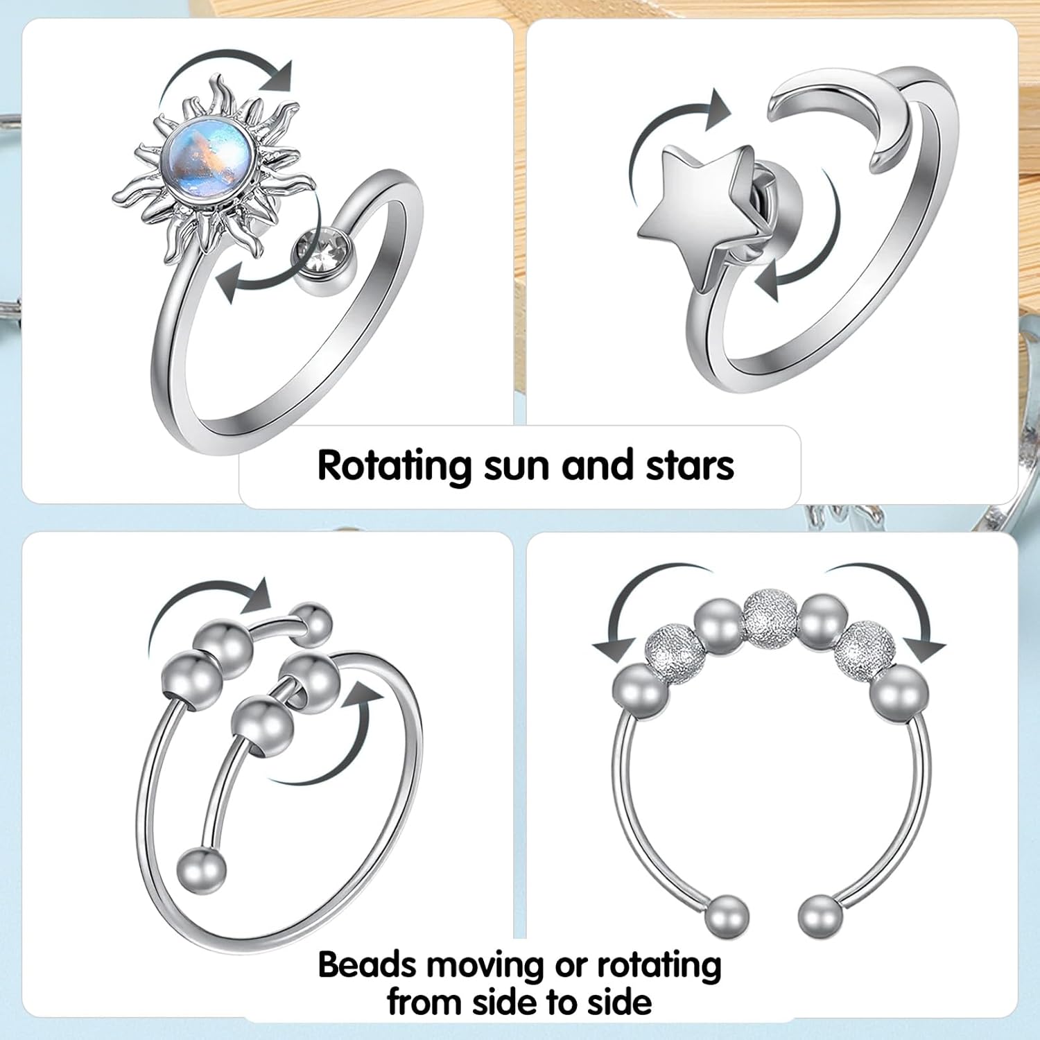 Sibba Fidget Rings for Women 4 PCS Adjustable Spin Fidget Rings for Stress Relief ADHD Anxiety & Focus Rotating Sun Moon Star Beads Silver Sensory Ring Adult Fidgets Toys for Anxiety Relief