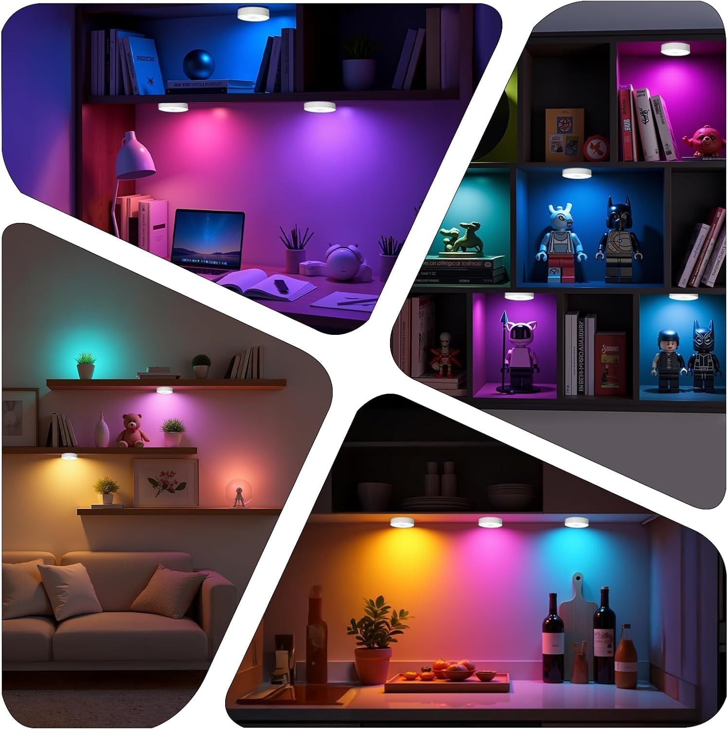 Led RGB Puck Lights with Remote Control 16 Color Changeable USB Rechargeable Tap Lights Under Counter Light for Kitchen Party Halloween Decoration