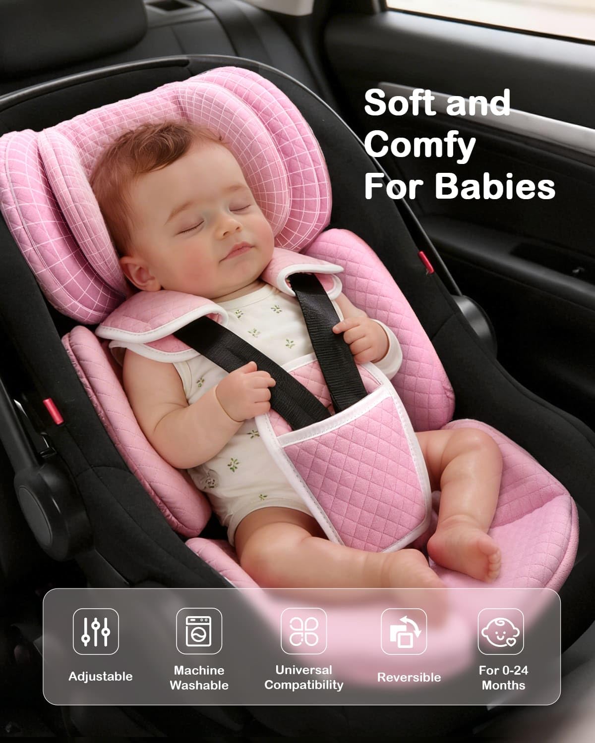 Rsotone Infant Car Seat Insert Adjustable Head Support for Preemie Newborn Toddler, Reversible Baby Head Body Support Cushion for Carseats and Strollers Side Impact Protection - Pink - 3