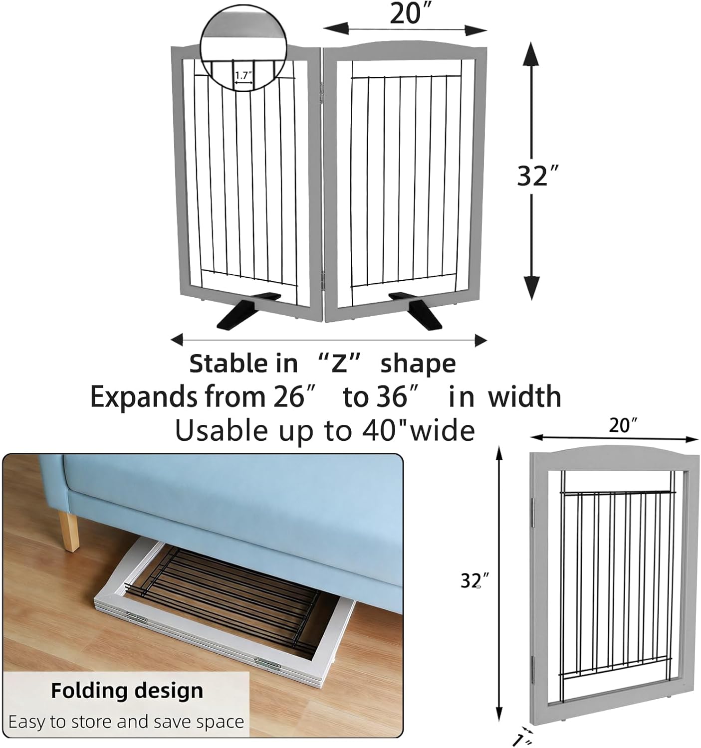 ZJSF Freestanding Dog Fence Indoor, Foldable Dog Gate for Doorways, Stairs or Hallways, Sturdy Wood Extra Wide Pet Gate with Support Feet for The House, Grey, 32 "Height-2 Panels