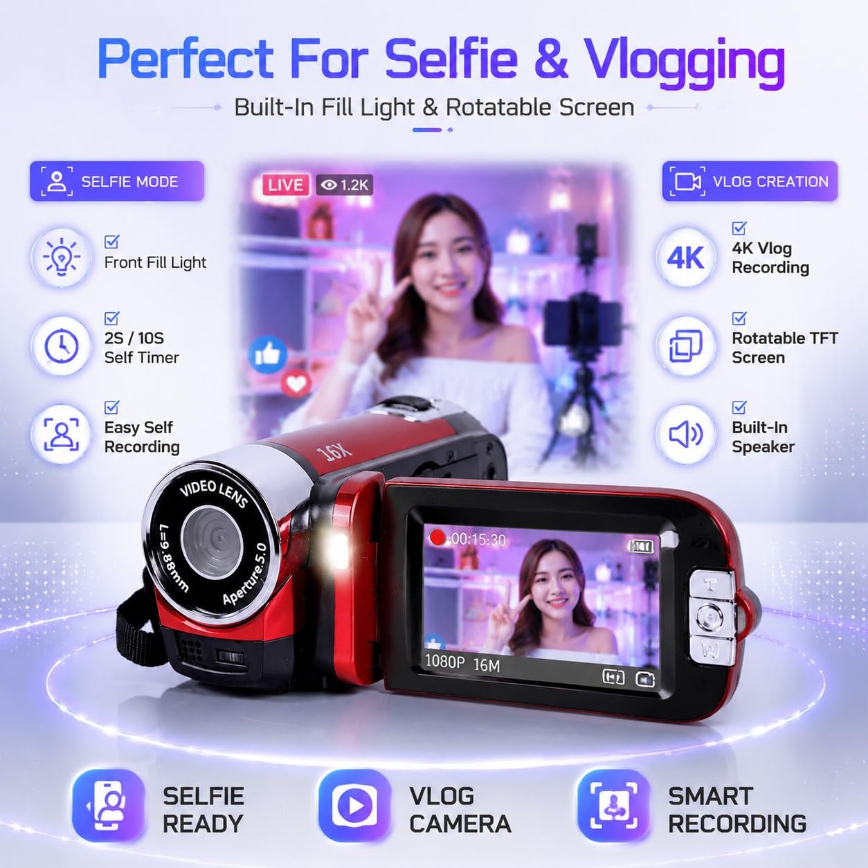 Appareil Photo Compact, Appareil Photo Vintage, Caméra Vidéo, Appareil Photo Numérique 1080P 16MP, Caméscope à écran Rotatif de 2,4 Pouces, Zoom 16X, Enregistreur Vidéo HD avec