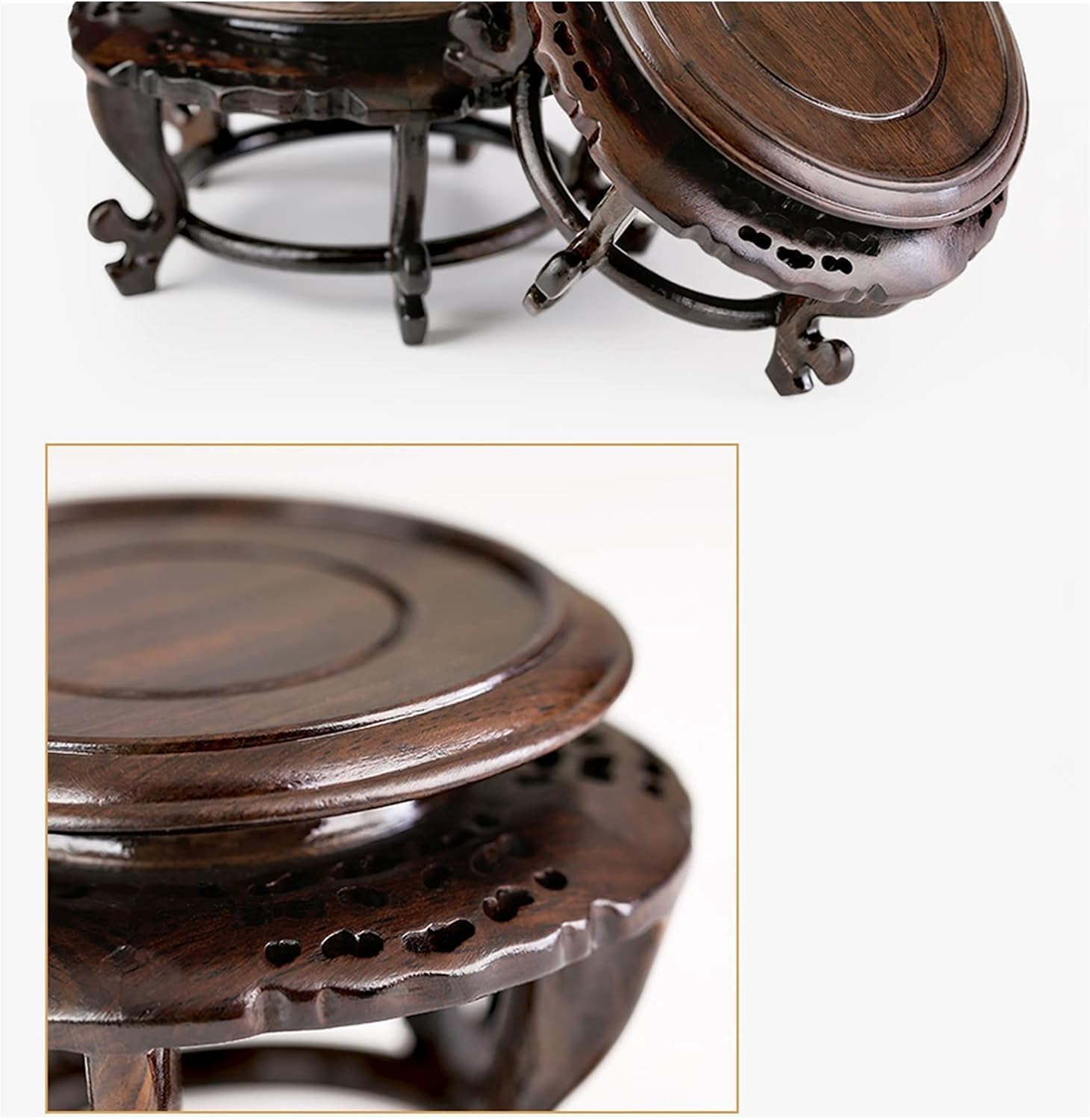Sgabello Portavaso Intagliato In Legno - Supporto Per Piante Da Interno/esterno, Stile Classico, Finitura Lucida, Marrone - 2