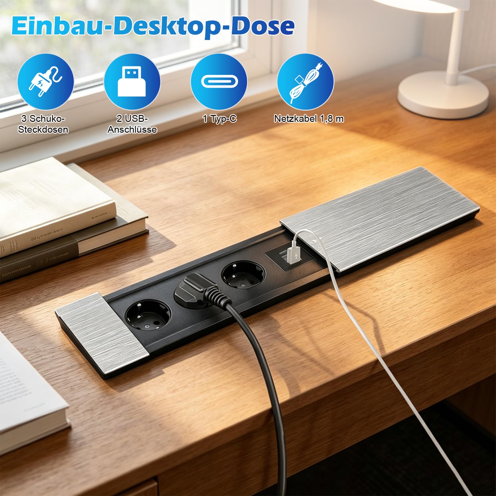Presa a scomparsa, 3 scomparti con 2 USB A e USB C e coperchio scorrevole per scrivanie, tavoli da lavoro, tavoli da pranzo, cucina (argento, 3 scomparti)