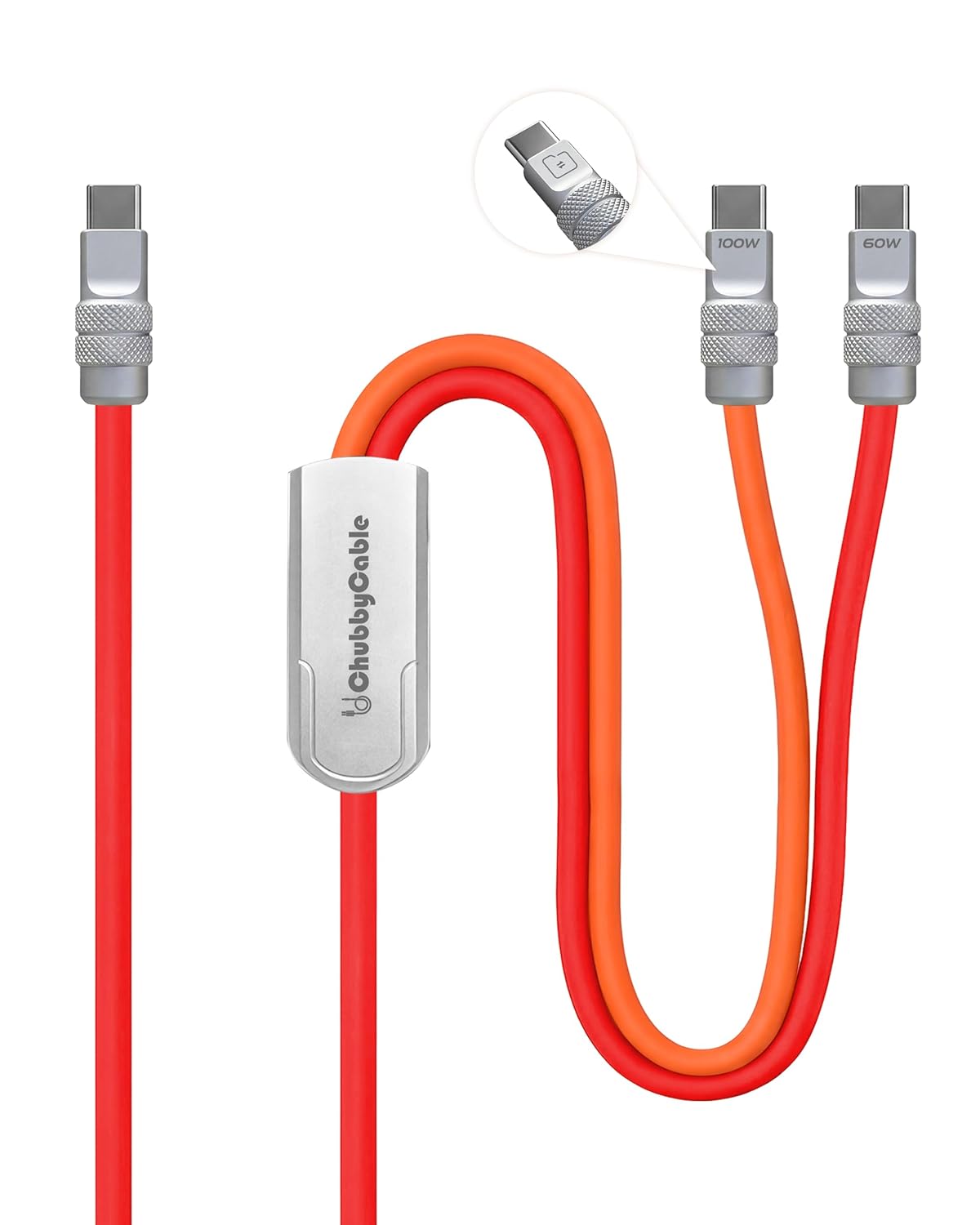 chubbycable Duo-Flex 100W & 60W 2-in-1 Fast Charging & Data Transfer Cable with Soft Silicone USB C Multi Charging Cable for iPhone 17 Series iPad Galaxy Series, Red+Orange