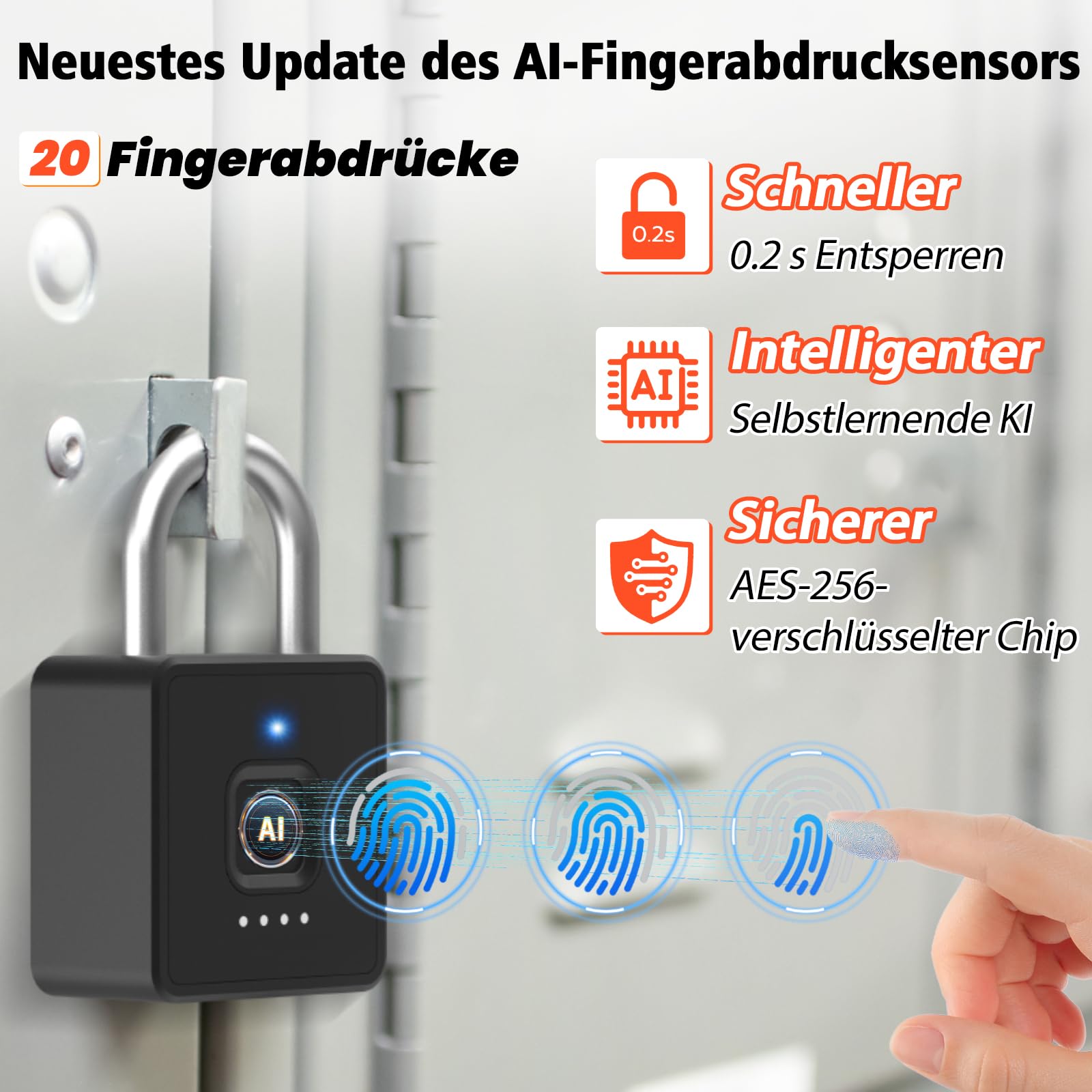Anweller Zahlenschloss Vorhängeschloss mit Fingerabdruck, Fingerabdruck Smart Biometrie App Schloss, Vorhängeschloss Wetterfest für Gartentor, Spind, Fitnessstudio, Schulschrank, Keller