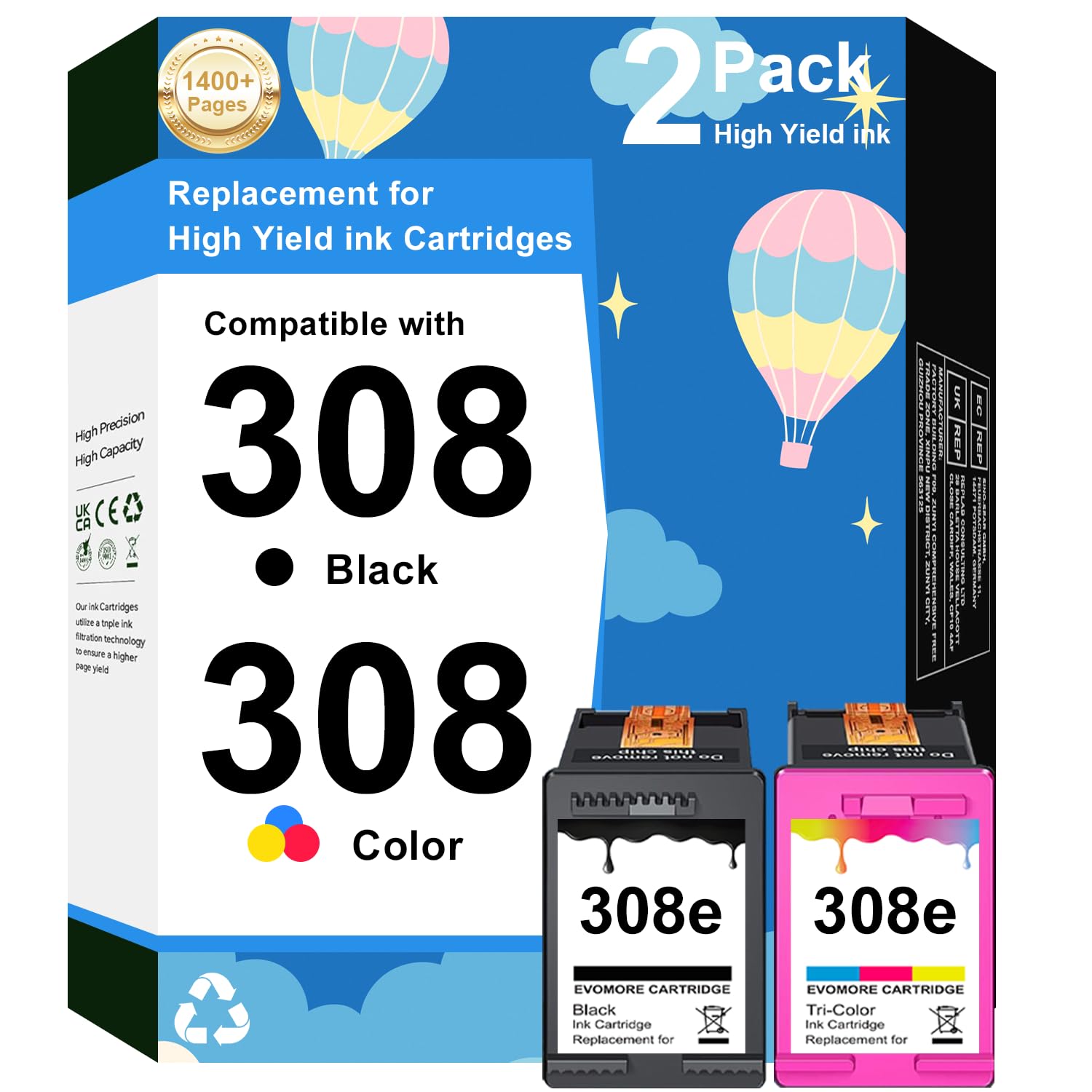 308XL - Cartuccia di ricambio per HP Envy 6120, compatibile con HP 308XL, per HP Envy 6110e, 6120e, 6122e, 6130, 6132e, 6532e (1 nero, 1 colore)